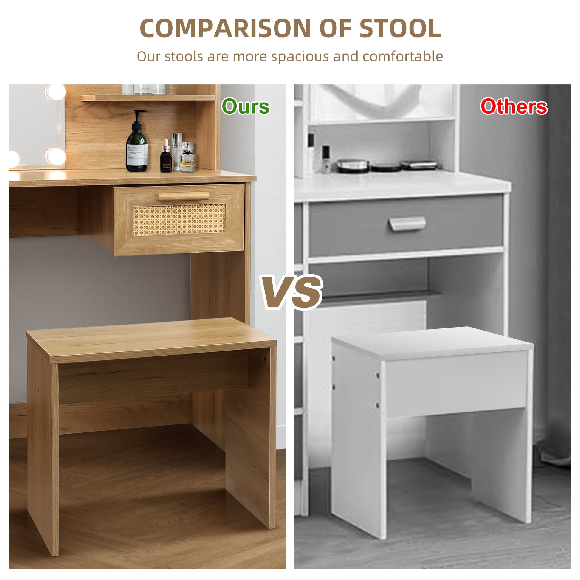 Vanity Desk Set Stool & Dressing Table With Led Lighting Mirror Drawer And Compartments Modern Wood Cosmetic Table Chest Of Drawers Nature Color Natural Wood Particle Board