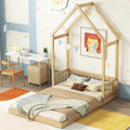 Full Roof Framed Headboard Floor Bed With Headboard Guardrails, Without Slats,Natural Full Natural American Design Pine