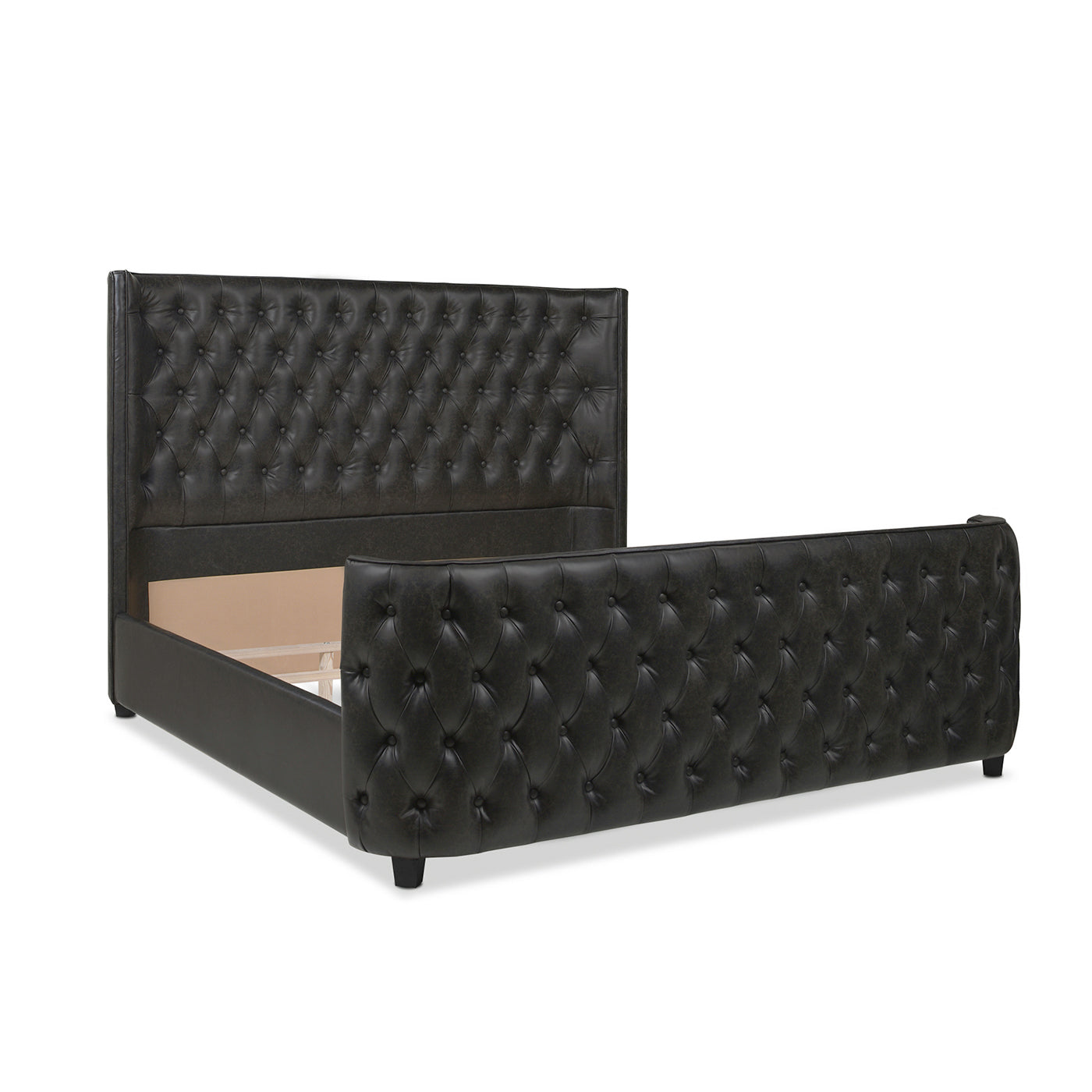 Brooklyn King Tufted Panel Bed Headboard And Footboard Set, Vintage Black Brown Faux Leather Box Spring Required King Black Vintage Wood Foam Faux Leather Faux Leather
