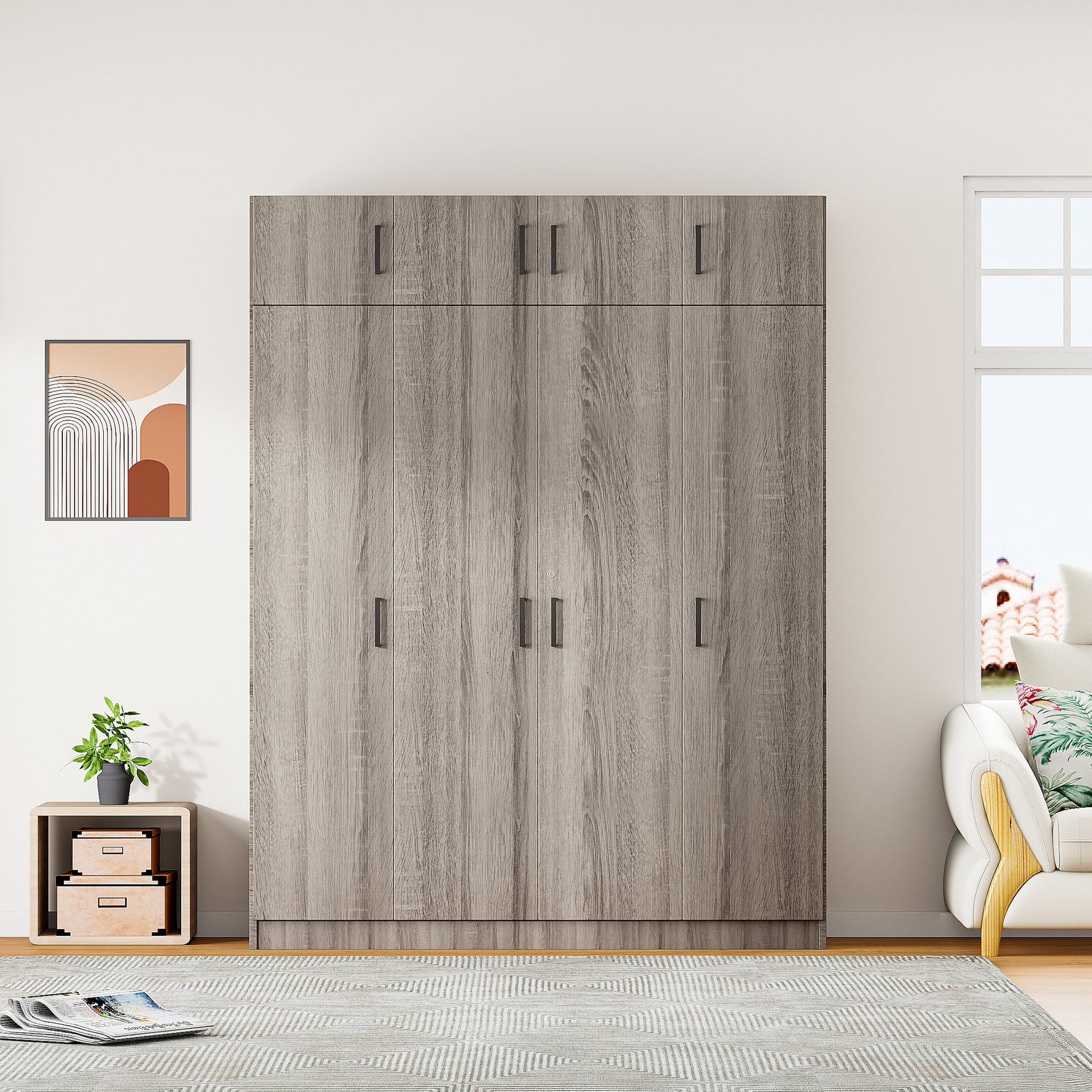 4 Door Wardrobe With 1 Drawer And Top Cabinetgray Gray Gray Bedroom Contemporary Particle Board