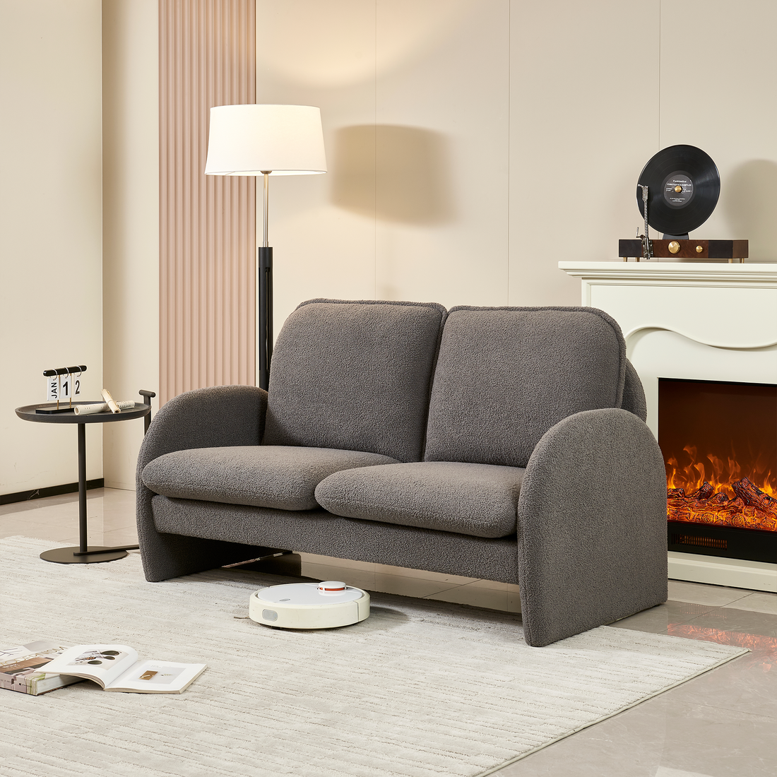59" Loveseat Sofa Small Couch For Living Room, Sherpa Fabric Upholstered Loveseat Sofa Couch, Small Loveseat Sofa For Apartment, Bedroom Gray Foam Sherpa 2 Seat