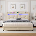 Storage Headboard ,Full Size With Rf Led Lights Box Spring Not Required Full Beige Wood Brown Bedroom American Design Poplar Bed Frame Metal & Wood Polyester Fabric