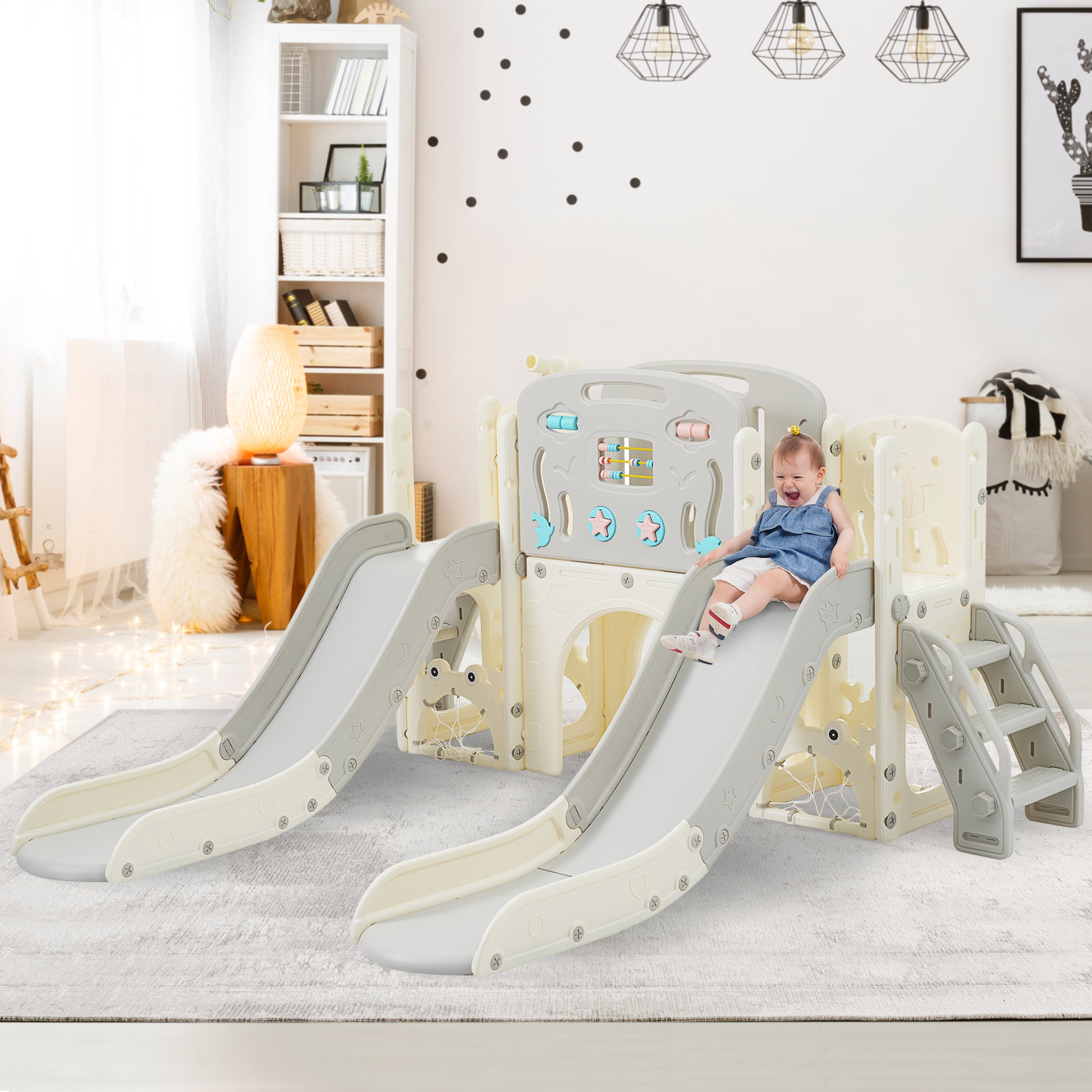 Kids Slide Playset Structure 8 In 1, Freestanding Ocean Themed Set With Slide, Arch Tunnel,Basketball Hoop And Telescope, Double Slides For Toddlers, Kids Climbers Playground Grey 50 99 Lbs Cute 1 To 2 Years Hdpe Indoor & Outdoor Use