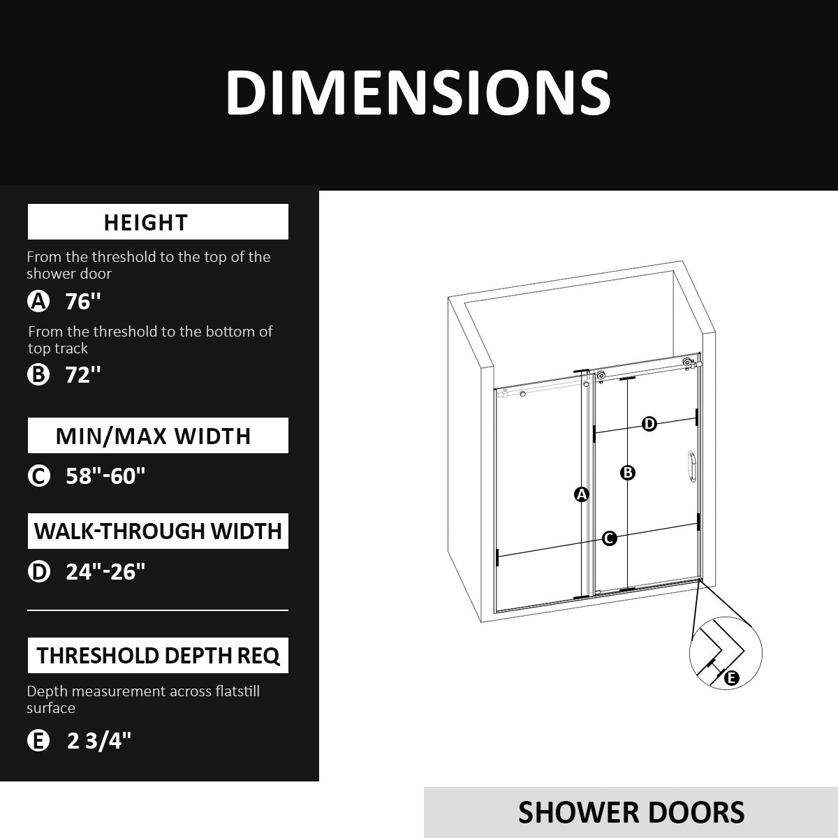 Frameless Sliding Shower Door 58 60 In. W X 76 In. H, Bathroom Sliding Door With 5 16" Clear Tempered Glass, Chrome Finish, Designed For Smooth Door Closing Chrome Stainless Steel