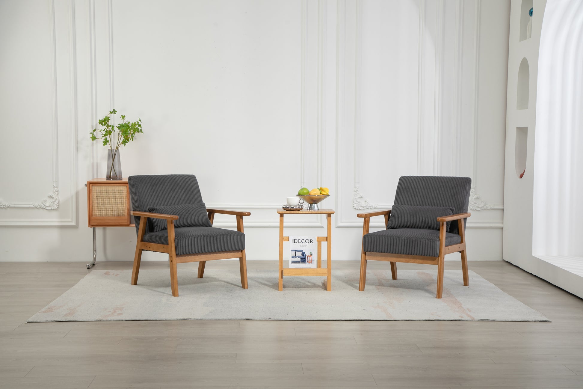 Leisure Chair With Solid Wood Armrest And Feet, Leisure Chair, Wood Frame, Velvet, L, Solid Rubber Wood Legs, Mid Century Modern Accent Chair, For Living Room Bedroom Studio Chair,Two Packs Dark Gray Corduroy