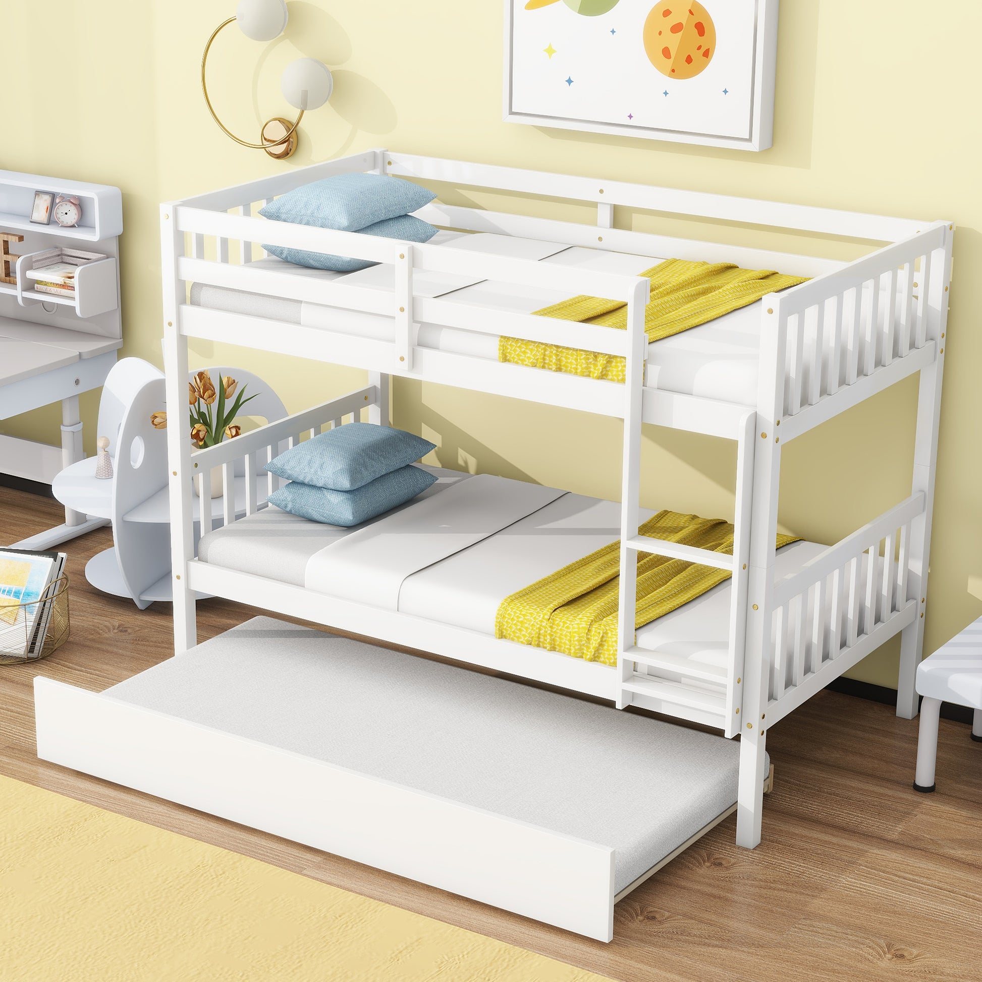 Twin Over Twin Rubber Wood Bunk Bed With Trundle, Convertible Into 2 Twin Size Beds, Twin Size Bunk Bed With Ladder And Safety Guardrails, White Twin White Rubber Wood