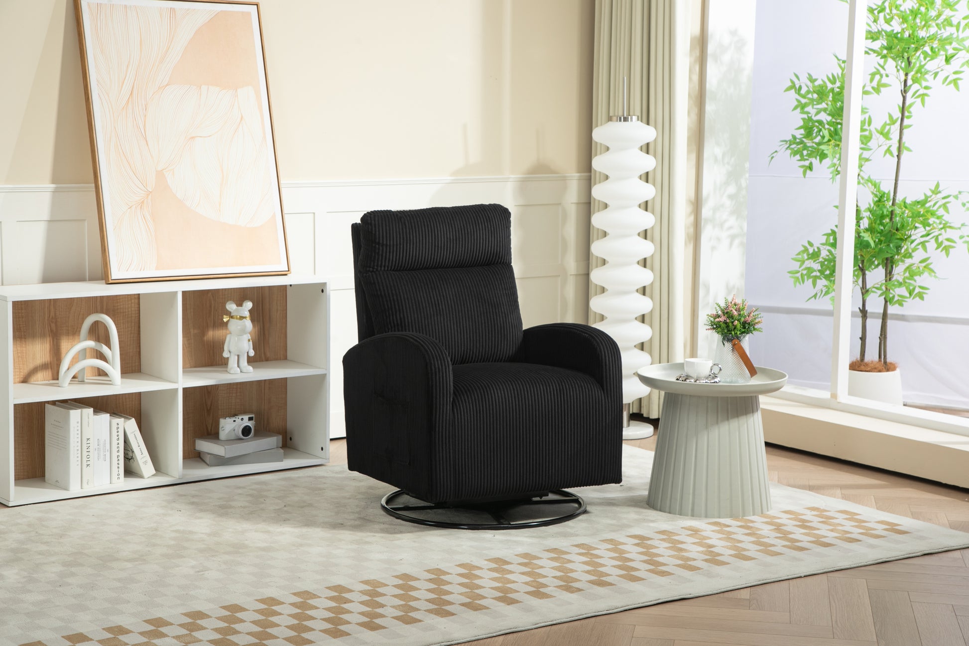 Jiada Upholstered Swivel Glider.Flannel Fabric.Rocking Chair For Nursery In Black.Modern Style One Left Bag Black Foam Corduroy