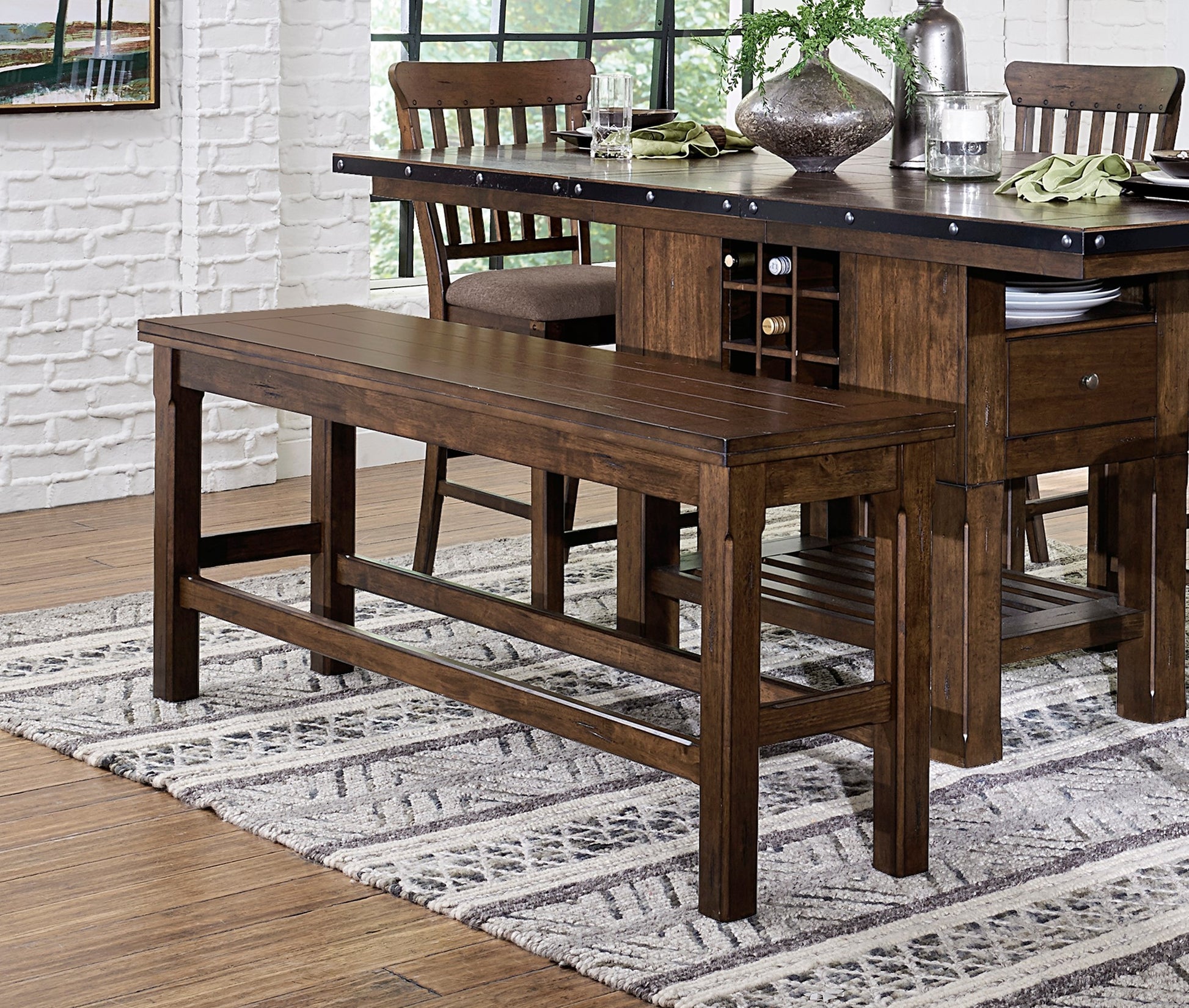 Dark Brown Finish 6Pc Dining Set Storage Base Counter Height Table Bench 4 Counter Height Chairs Set Extension Leaf Drawers Wine Rack Table Base Wooden Furniture Wood Wood Dark Brown Seats 4 Wood Dining Room Extendable Transitional Rectangular Dining