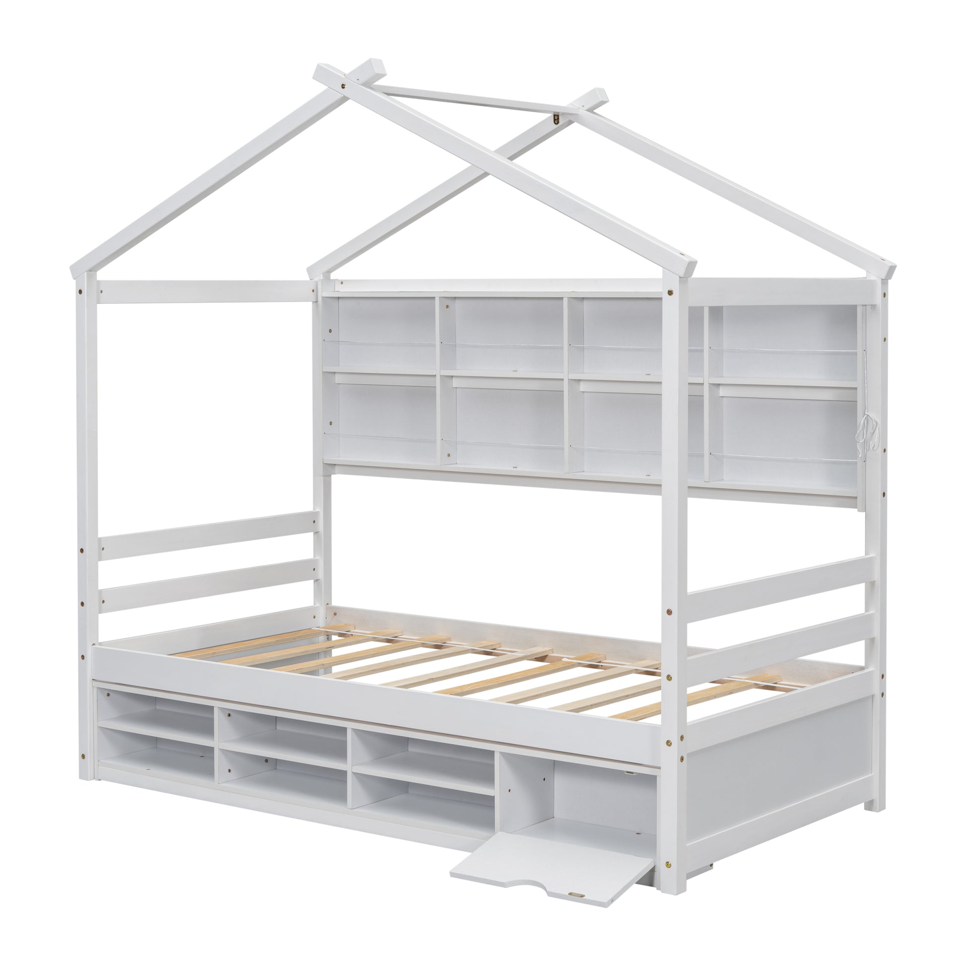 Twin House Bed With Roof Frame, Bedside Shelves, Under Bed Storage Unit,White Twin White American Design Pine