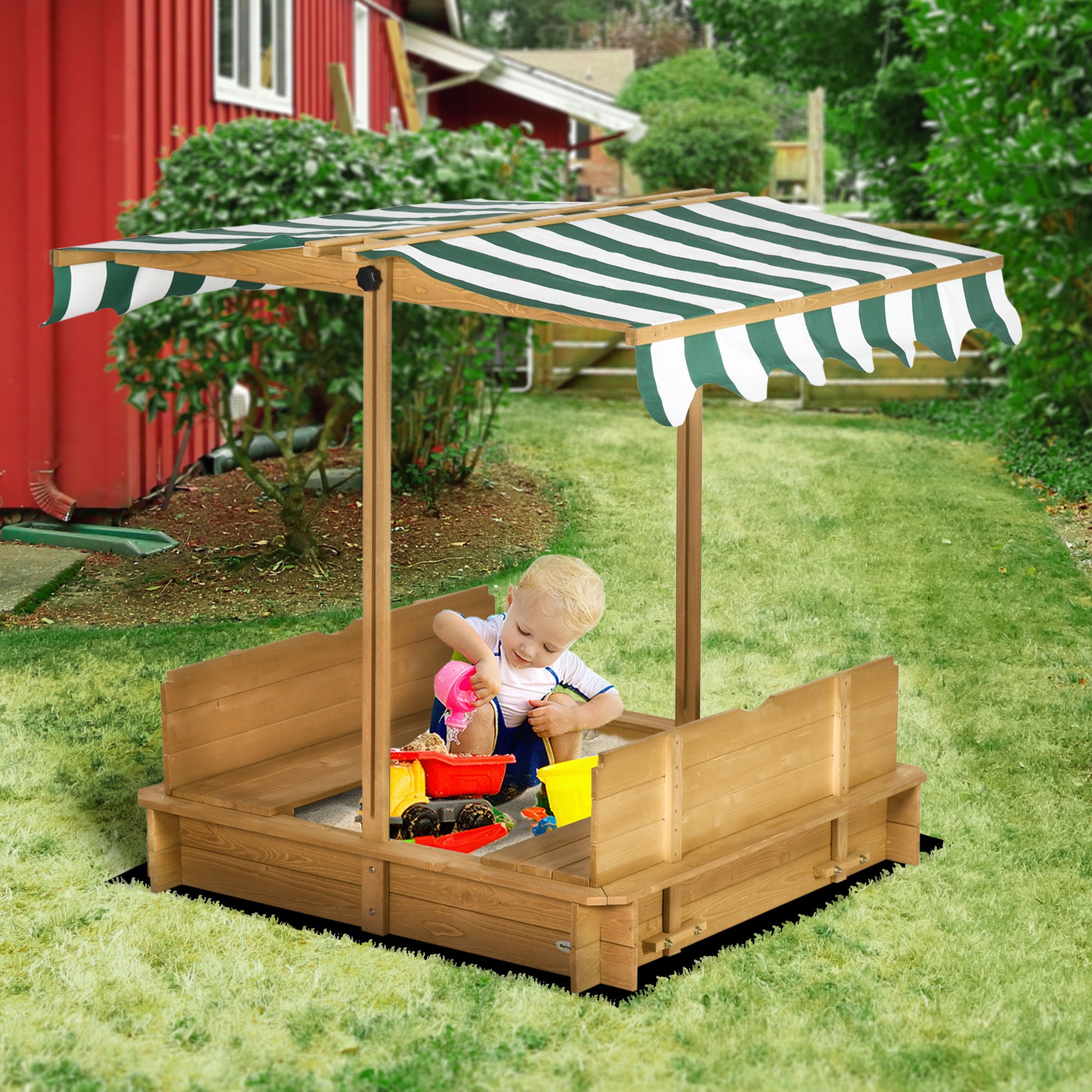 Outsunny Wooden Kids Sandbox With Cover, Children Outdoor Sand Box With Foldable Bench Seats, Adjustable Canopy, Bottom Liner For Outdoor, Brown Colorful Polyester