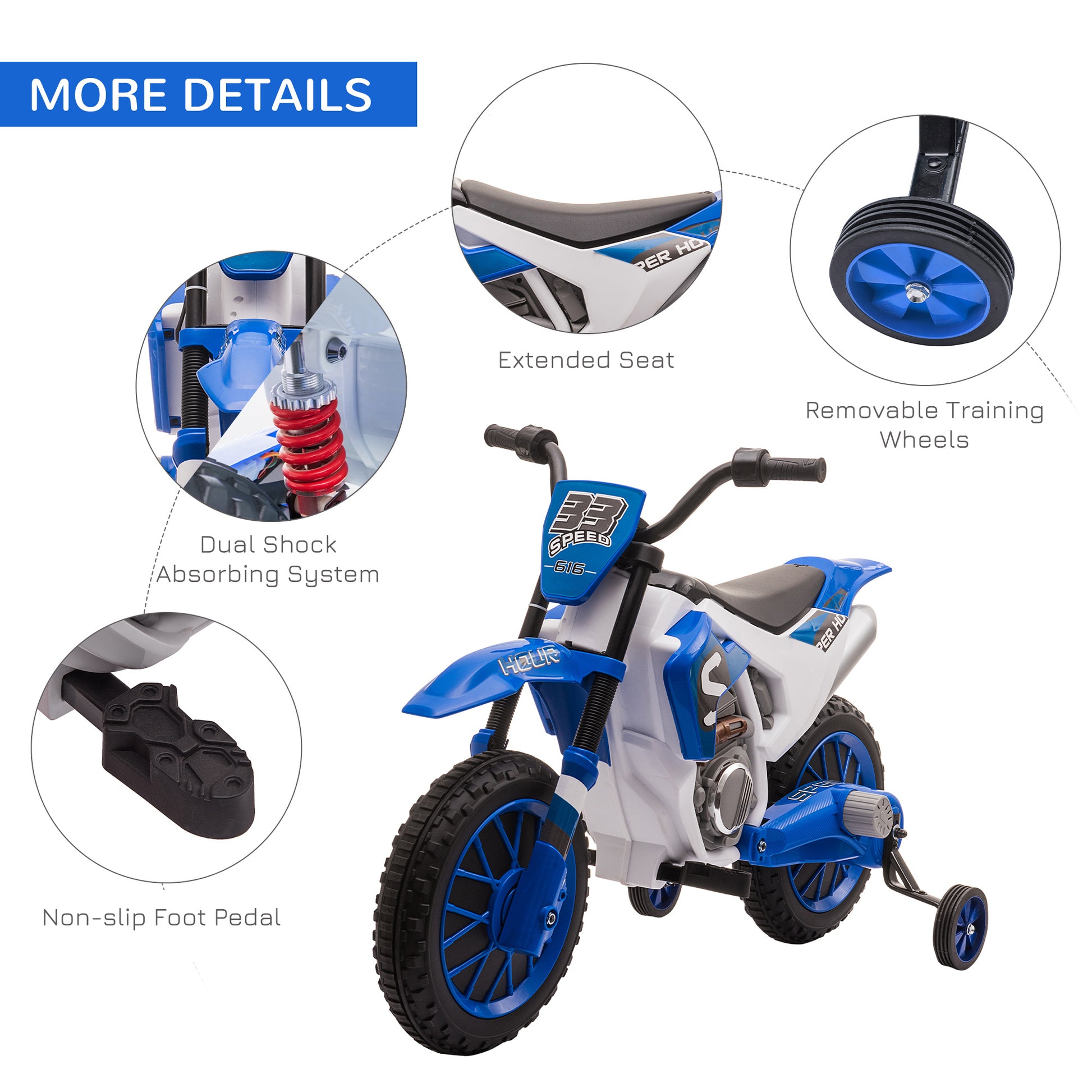 Aosom 12V Kids Motorcycle Dirt Bike Electric Battery Powered Ride On Toy Off Road Street Bike With Charging Battery, Training Wheels Blue Blue Plastic