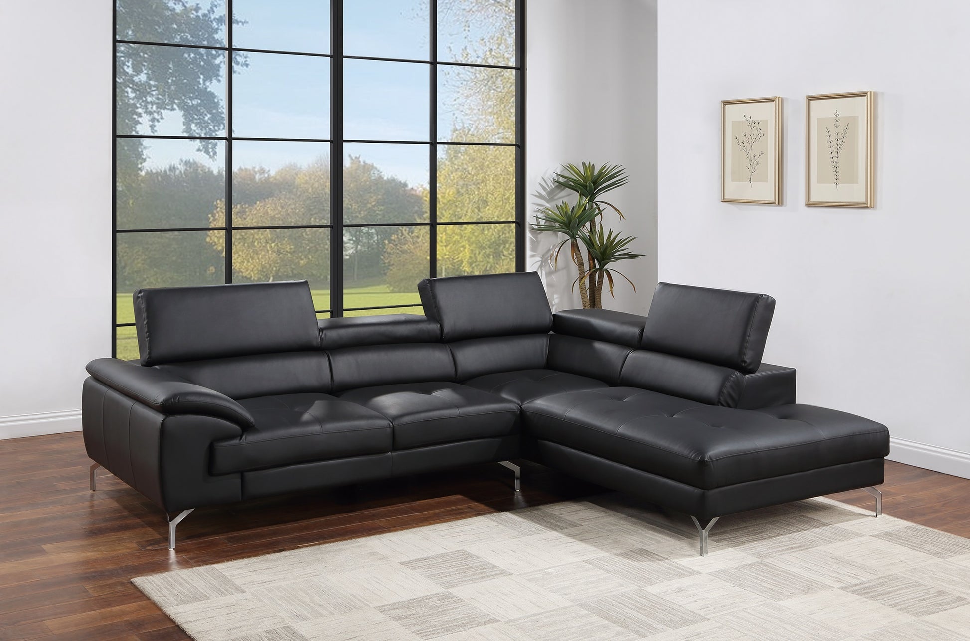 Black Color Sectional Couch 2Pc Set Living Room Furniture Faux Leather Right Facing Chaise And Left Facing Sofa Metal Legs Black Faux Leather Primary Living Space Classic,Contemporary,Modern L Shaped Faux Leather,Metal,Solid Wood 5 Seat