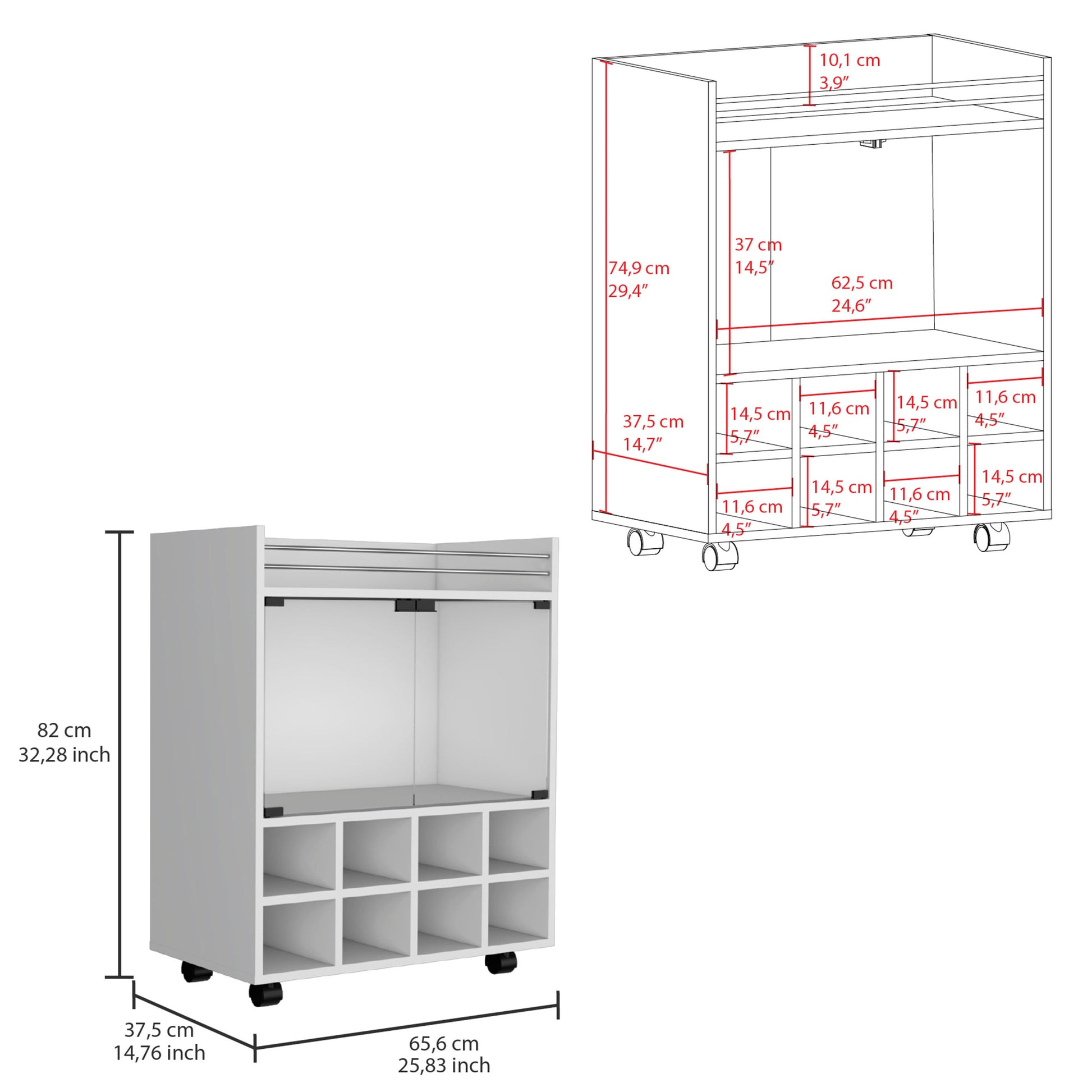 St Andrews Bar Cart With Built In 8 Bottle Rack, Double Glass Door Cabinet, And Aluminum Edged Top Surface White Primary Living Space Modern Particle Board Shelves Included Engineered Wood