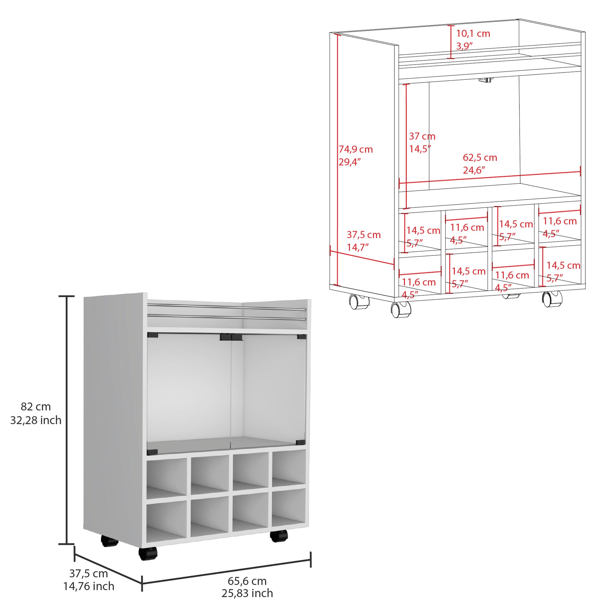 St Andrews Bar Cart With Built In 8 Bottle Rack, Double Glass Door Cabinet, And Aluminum Edged Top Surface White Primary Living Space Modern Particle Board Engineered Wood