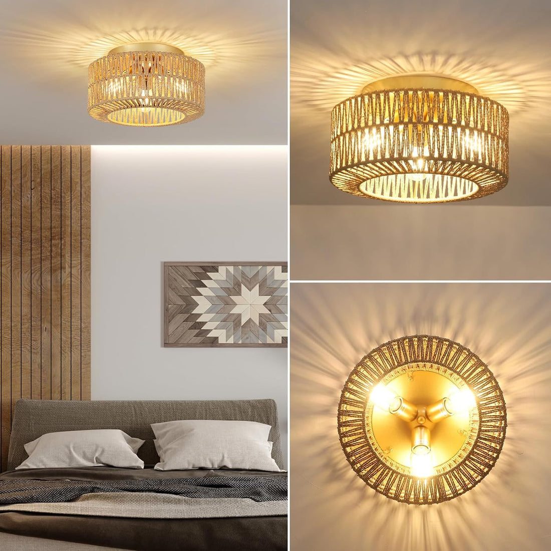 3 Light Farmhouse Rattan Ceiling Light Brown Rattan Metal