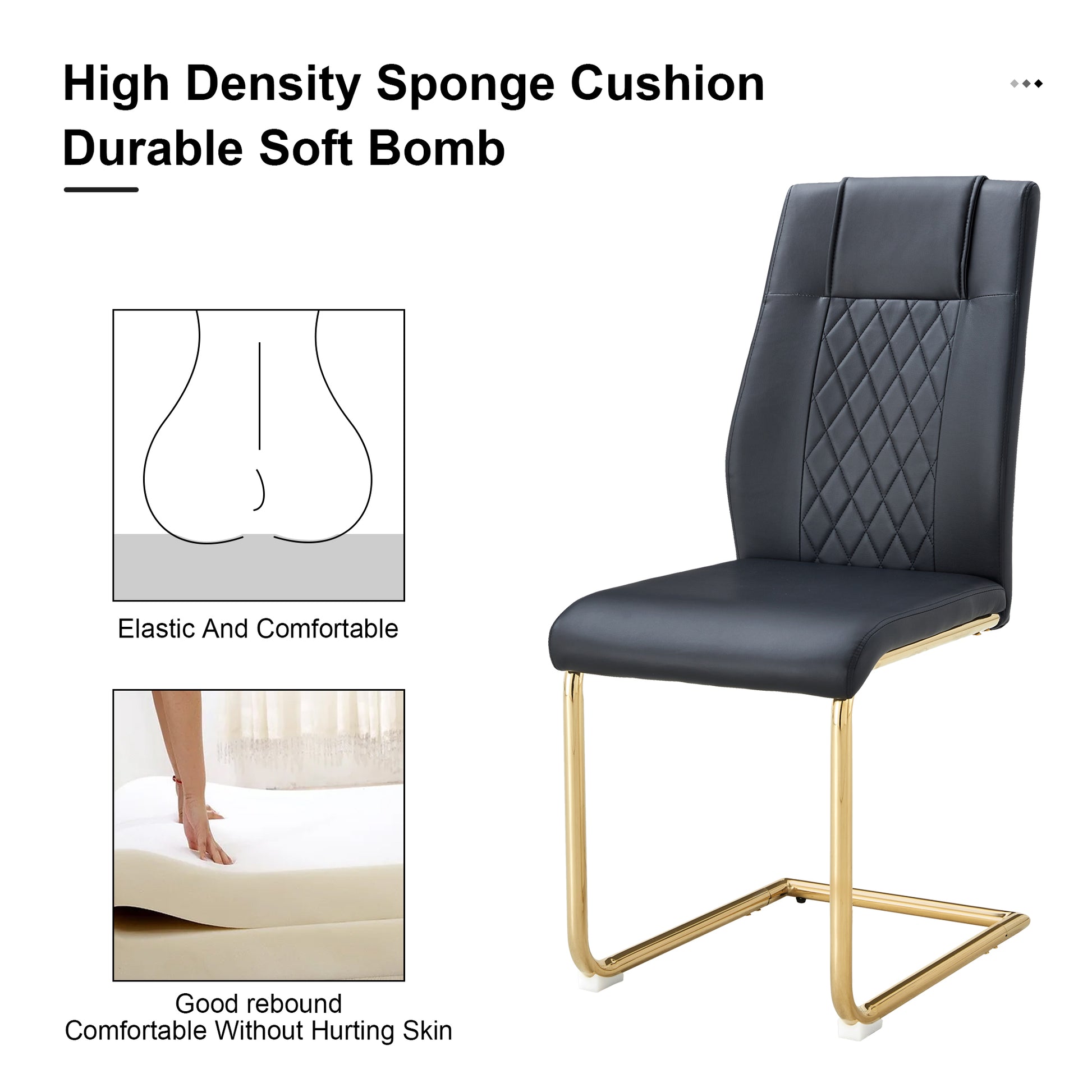 Table And Chair Set, Modern And Minimalist Dining Table, Imitation Marble Patterned Tabletop, Mdf Legs With U Shaped Brackets. Paired With Comfortable Chairs, Suitable For Dining And Living Rooms. Black Gold Mdf Glass