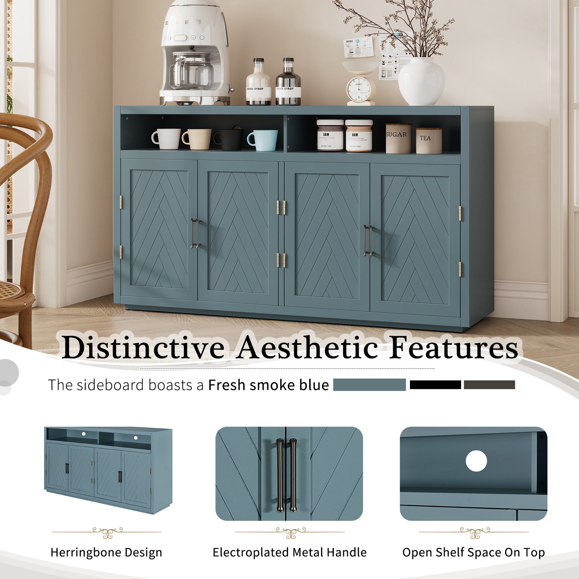 4 Door Classic Sideboard With Open Storage And Adjustable Shelves Perfect For Kitchens, Living Rooms Smoke Blue Smoke Blue Mdf