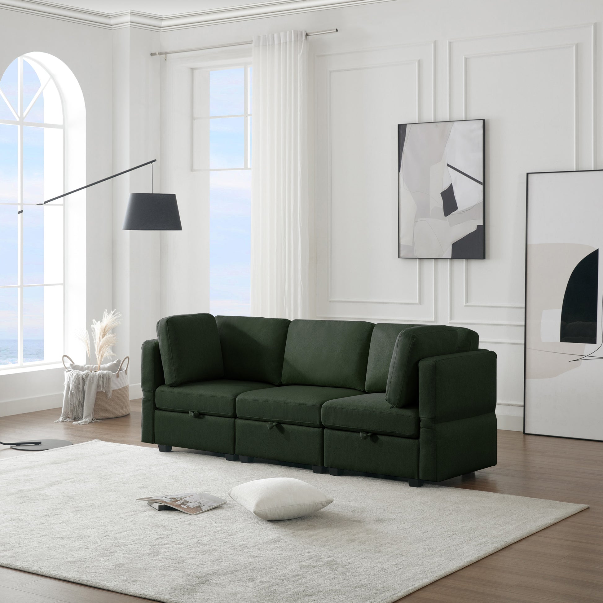 Oversized Modular Sectional Convertible Fabric Sofa Set,Extra Large Sectional Storage Seat Couch For Living Room, 3 Seat Modern Modular Sofa Green Green Polyester 3 Seat