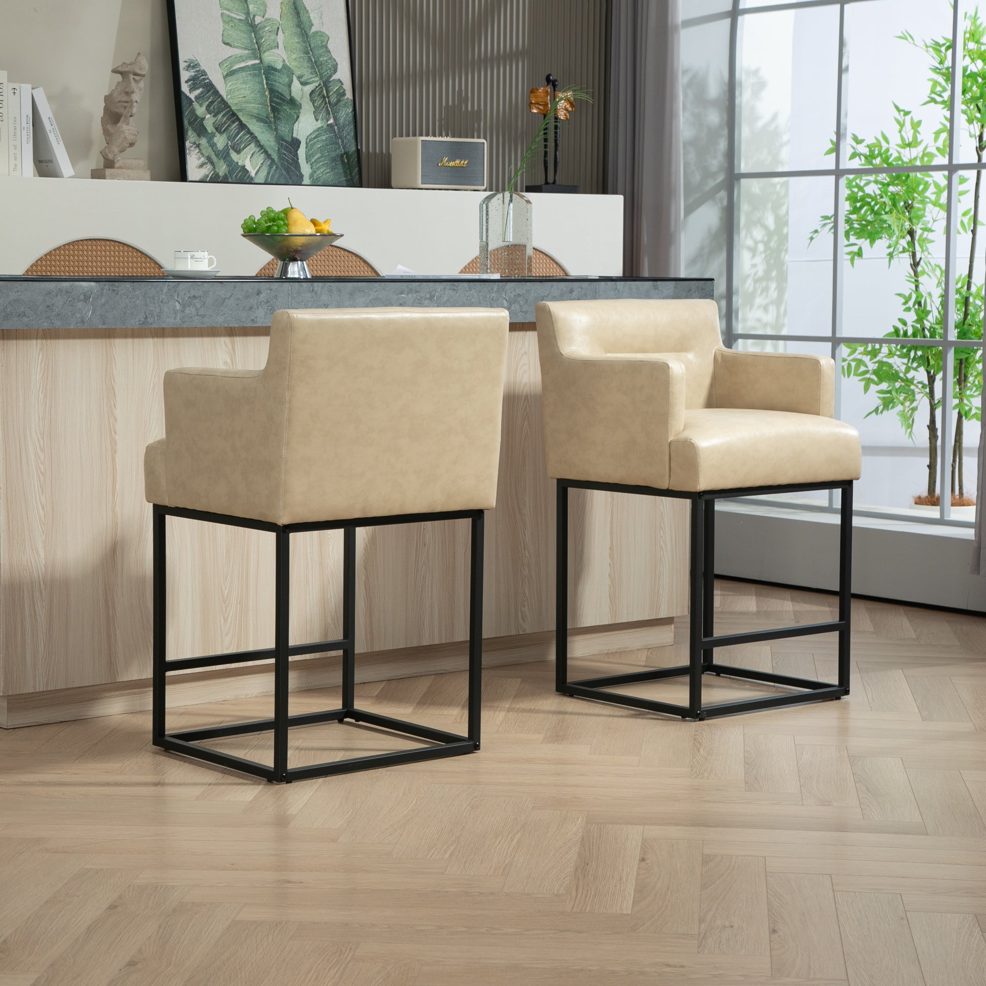 Coolmore Counter Height Bar Stools Set Of 2, Modern Barrel Bar Stool With Backrest And Arms, Black Metal Frames, Upholstered Bar Stools For Kitchen Island, Pub, Club Khaki Foam Pu Leather