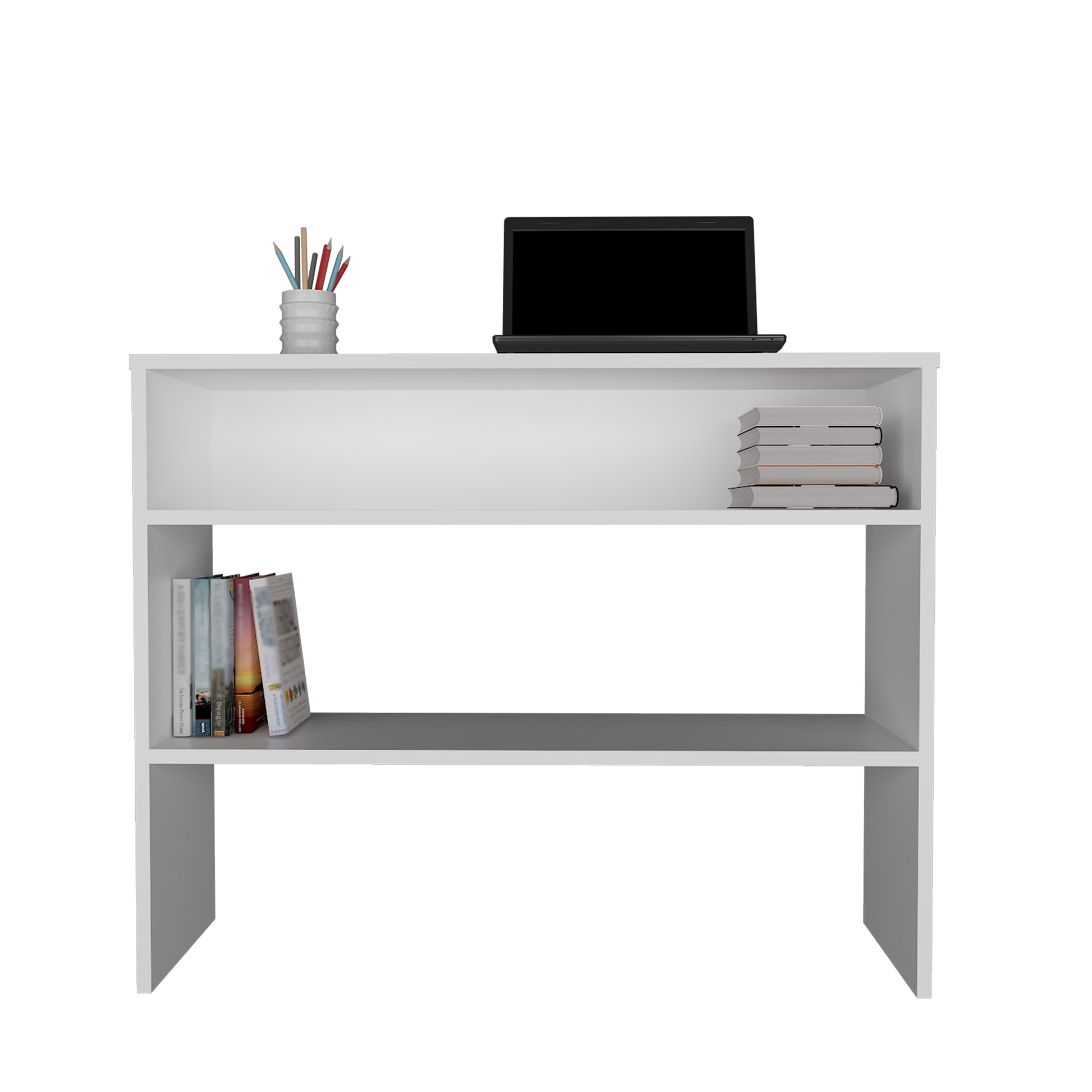 Being 39" Wide 2 Tier Shelf Narrow Console Table, Entryway Table White Computer Desk Office Modern Freestanding Rectangular Open Storage Computer Tables Rectangular Particle Board