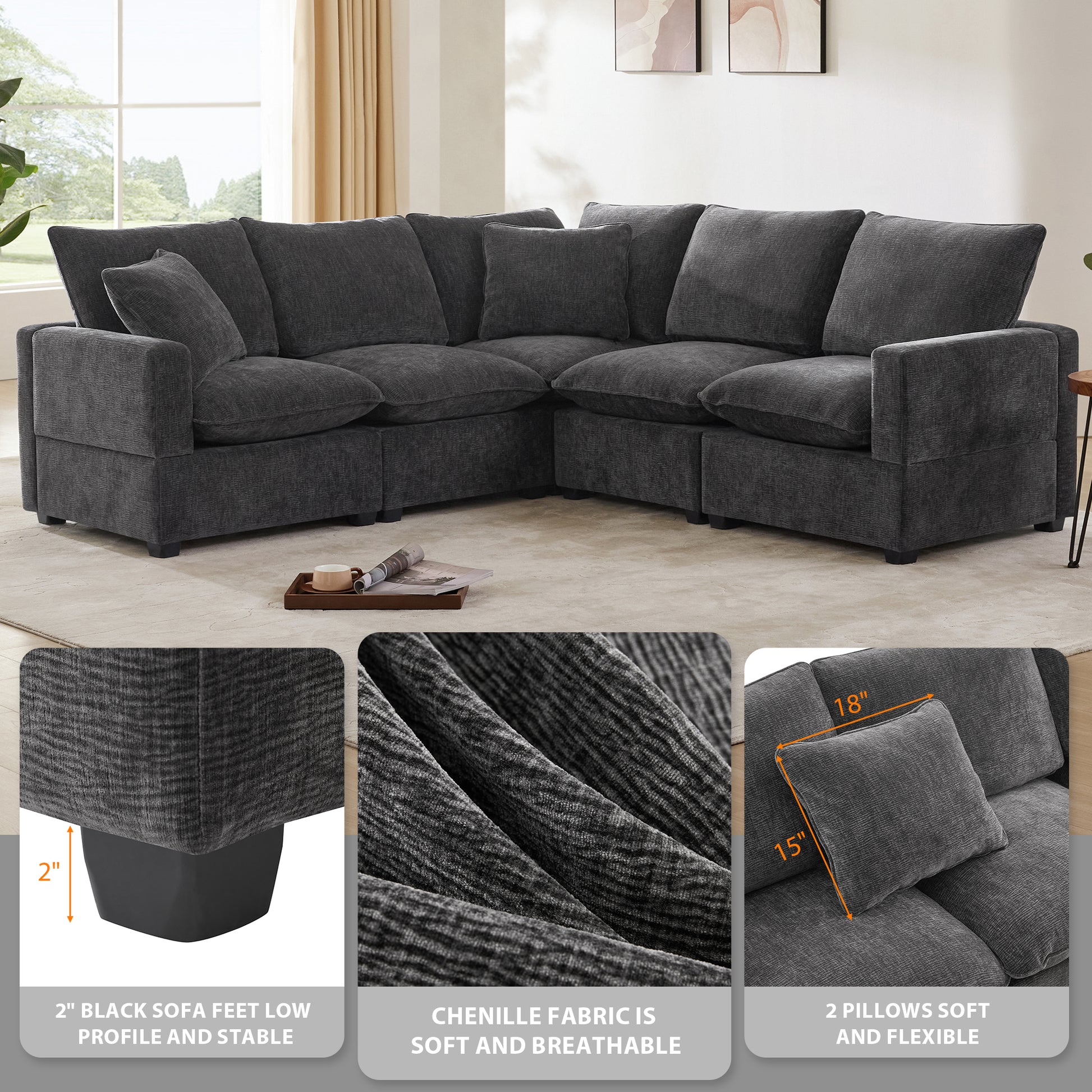 84*84" Modern L Shape Modular Sofa, 5 Seat Chenille Sectional Couch Set With 2 Pillows Included, Freely Combinable Indoor Funiture For Living Room, Apartment, Office, 2 Colors Black Grey Chenille 5 Seat