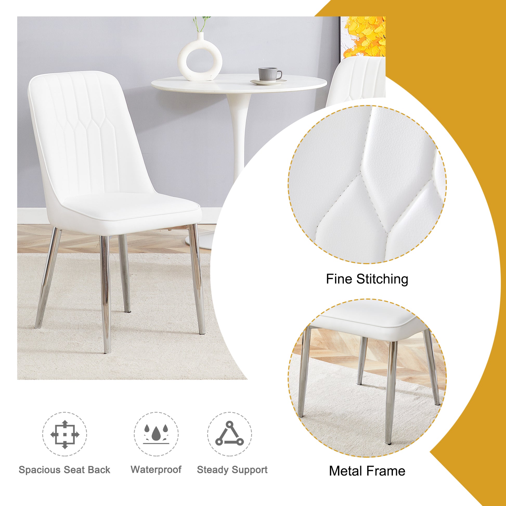 2 Modern Dining Chairs, Smooth Pu Leather Backrest And Silver Toned Metal Legs For A Comfortable Home Experience For Kitchens, Bedrooms And Offices. White Pu