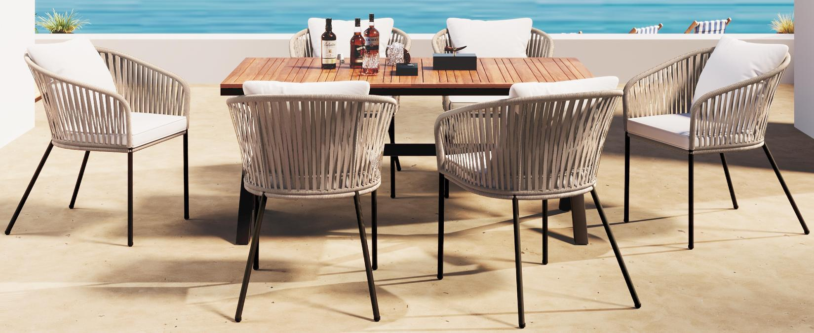 7 Pieces Patio Dining Set, All Weather Outdoor Furniture Set With Dining Table And Chairs, Acacia Wood Tabletop, Metal Frame, For For Garden, Backyard, Balcony, Beige Yes Beige Seats 6 Garden &