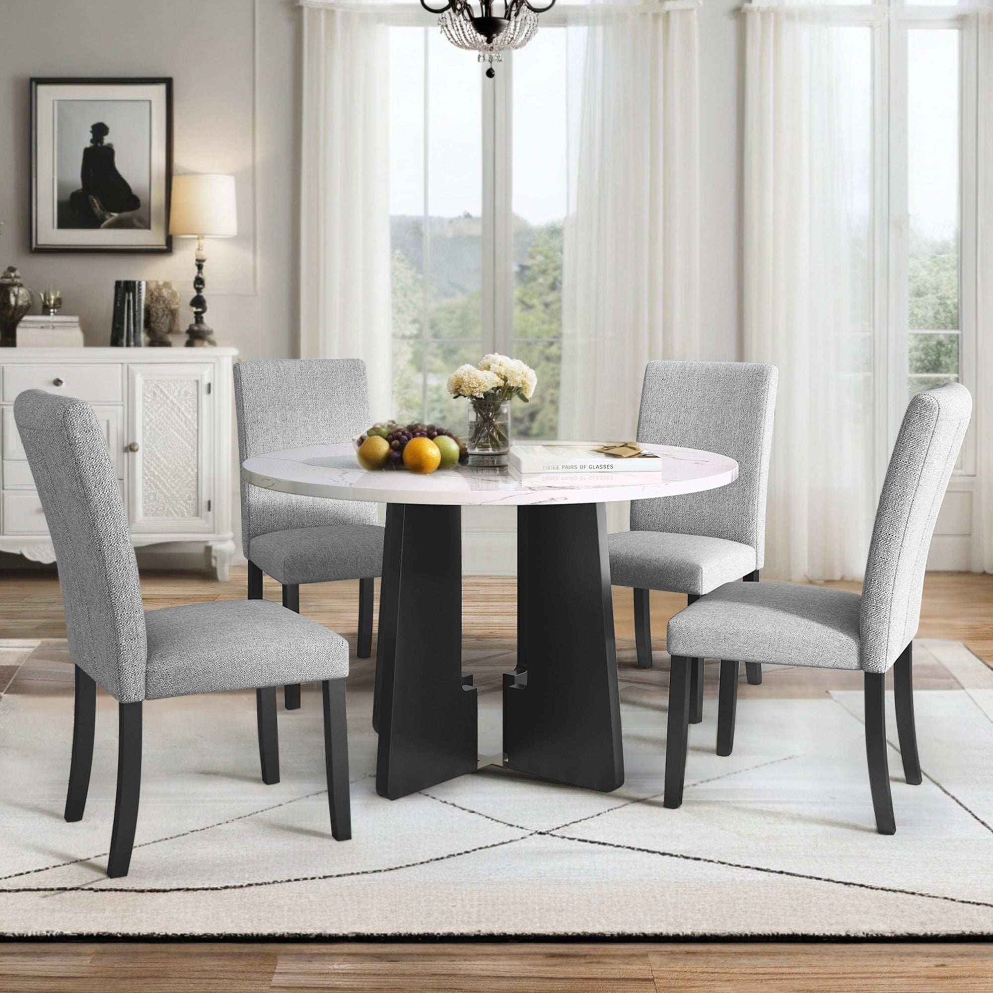 5 Piece Round Dining Table Set, 43 Inch Modern Dining Table And 4 Upholstered Chairs For Dining Room, Kitchen Room, Living Room, Easy Assembly Upholstered Chair White Gray Dining Room American