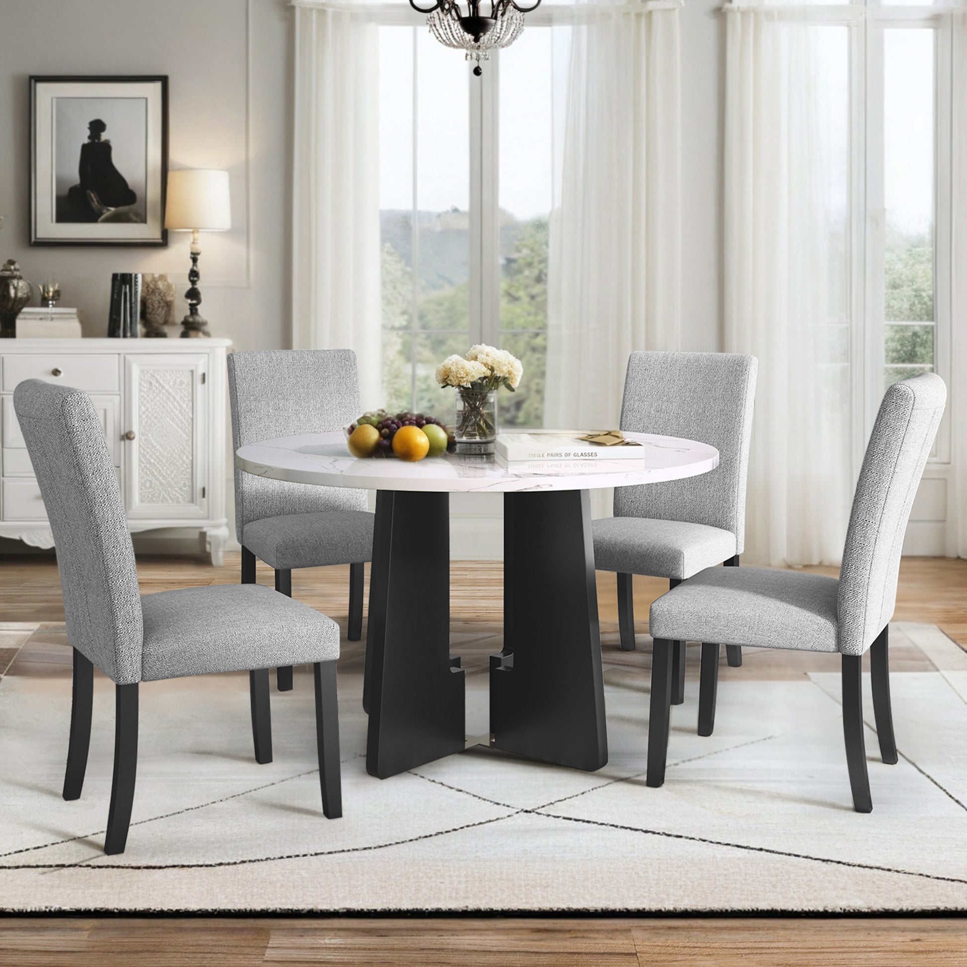 5 Piece Round Dining Table Set, 43 Inch Modern Dining Table And 4 Upholstered Chairs For Dining Room, Kitchen Room, Living Room, Easy Assembly Upholstered Chair White Gray Dining Room American