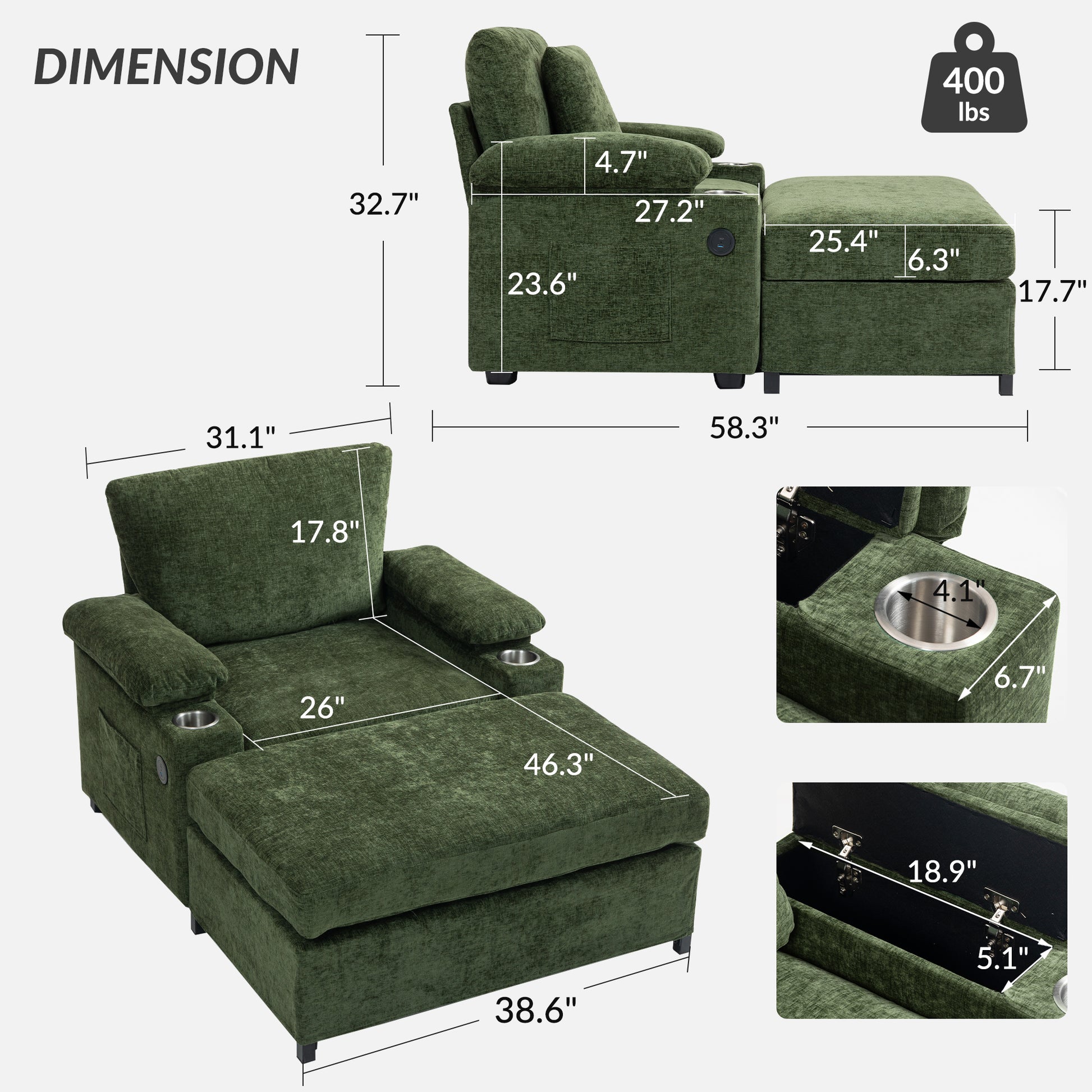 Modern Oversized Chair With Ottoman,Chenille Fabric Sofa Bed,Accent Chair Comfy Sofa With Cupholders And Usb Charging Ports Chair For Living Room,Bedroom,Apartment Green Chenille