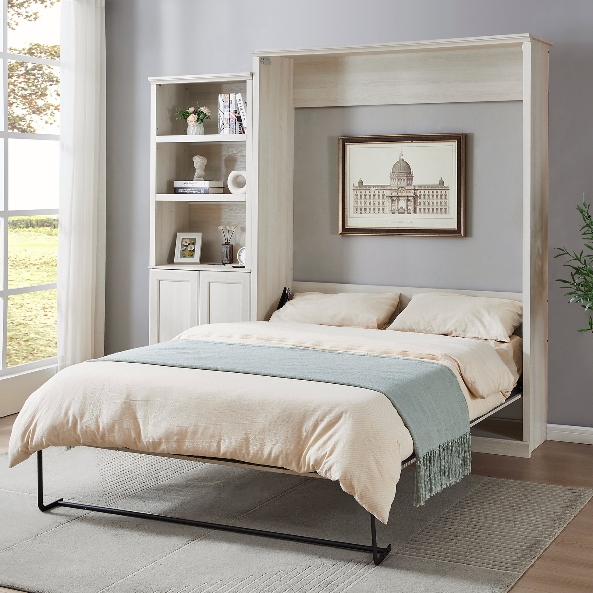Queen Size Half Self Close And Open Murphy Bed With 1 Side Cabinet Storage Shelf, Cabinet Space Saving Bed Perfect For Guest Room, Bed Room, Guest Room, Home Office, Rustic White Box Spring Not Required Queen Rustic White Wood White Pine Murphy Solid