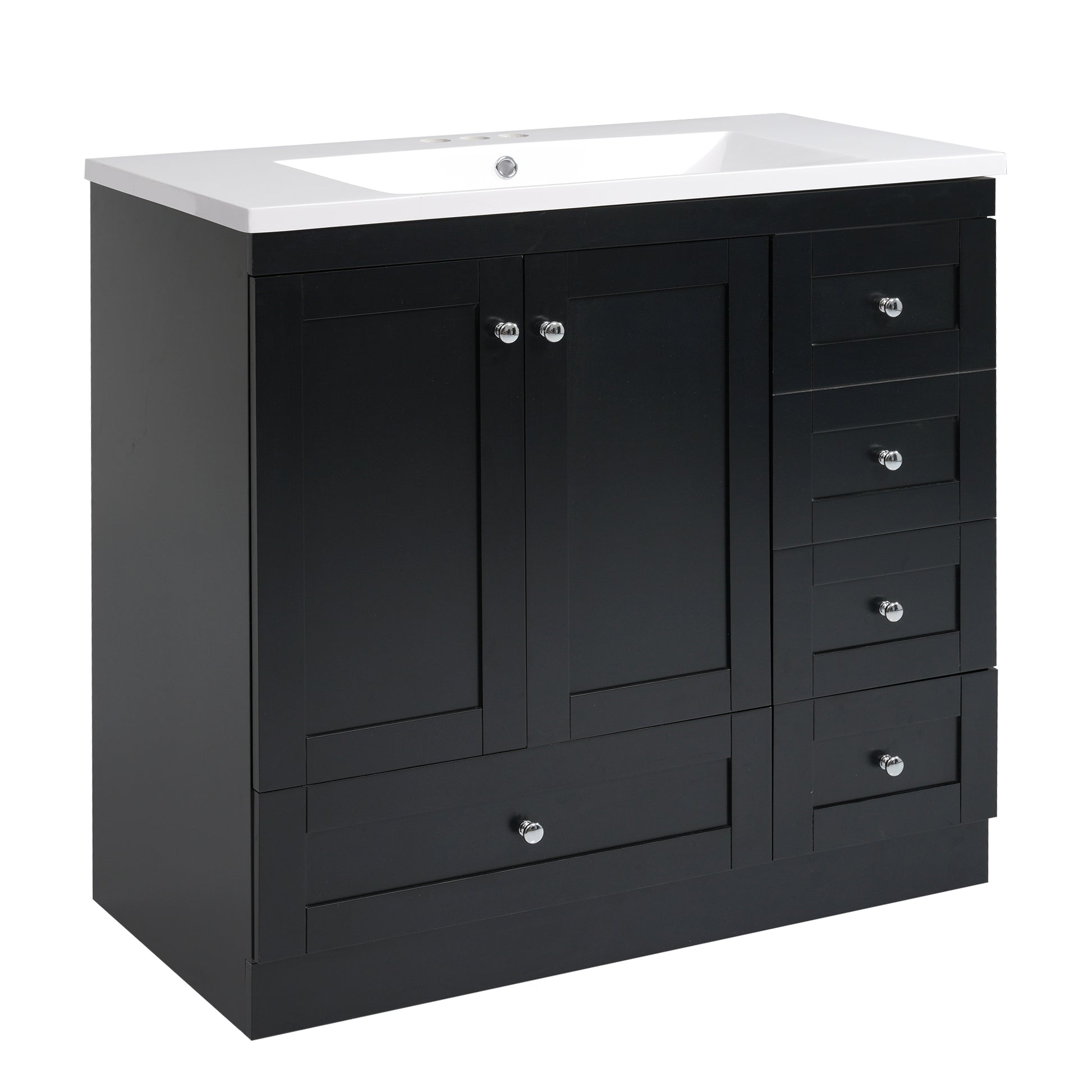 Video 36 Inch Shaker Style Free Standing Bathroom Vanity Cabinet With Sink, 4 Soft Close Drawers And 2 Soft Close Doors Black Bathroom Mdf