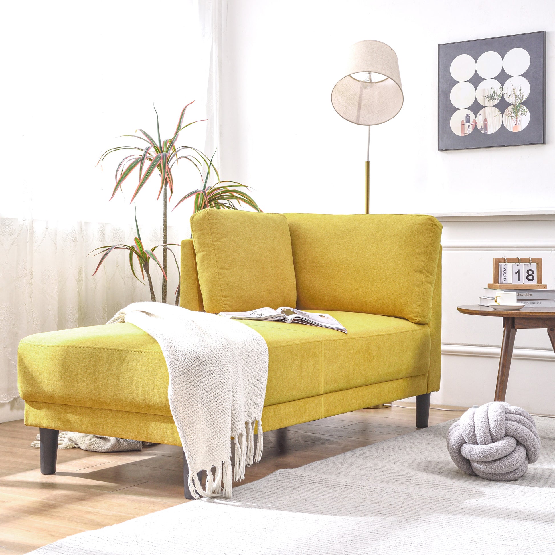 Video 65" Mid Century Modern Linen Fabric Corner Lounge Chair, Upholstered Indoor Chaise Lounge,Sleeper Sofa Bed,Leisure Sofa Recliner For Bedroom,Office,Small Living Room & Apartment,3 Colors Yellow Fabric Fabric