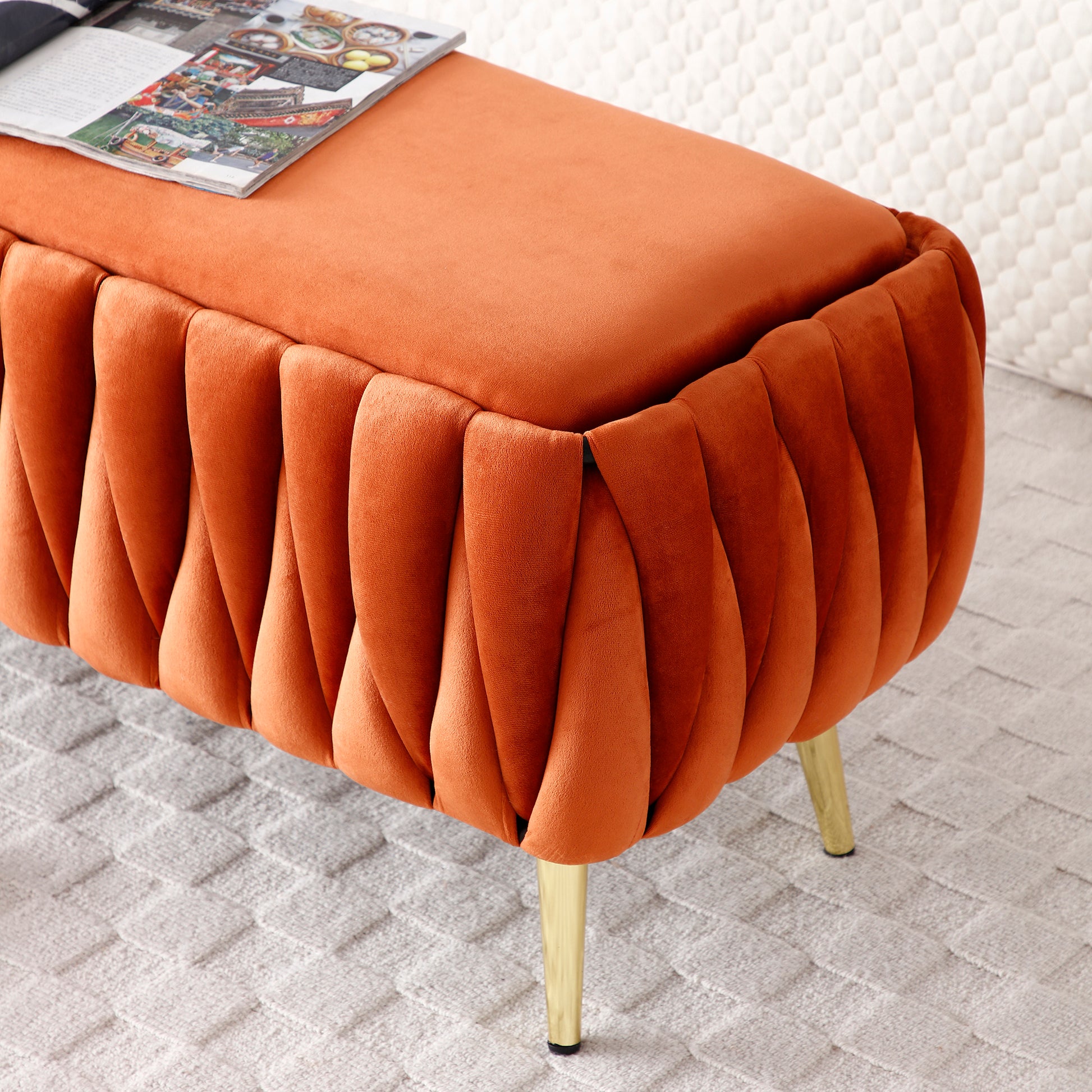 Oval Storage Bench With Gold Legs,Velvet Fabric ,Woven,Upholstered Ottoman Storage Benches For Bedroom End Of Bed,Sherpa Fabric Bench For Living Room,Dining Room,Entryway,Bed Side,Orange,5 Colors Orange Velvet