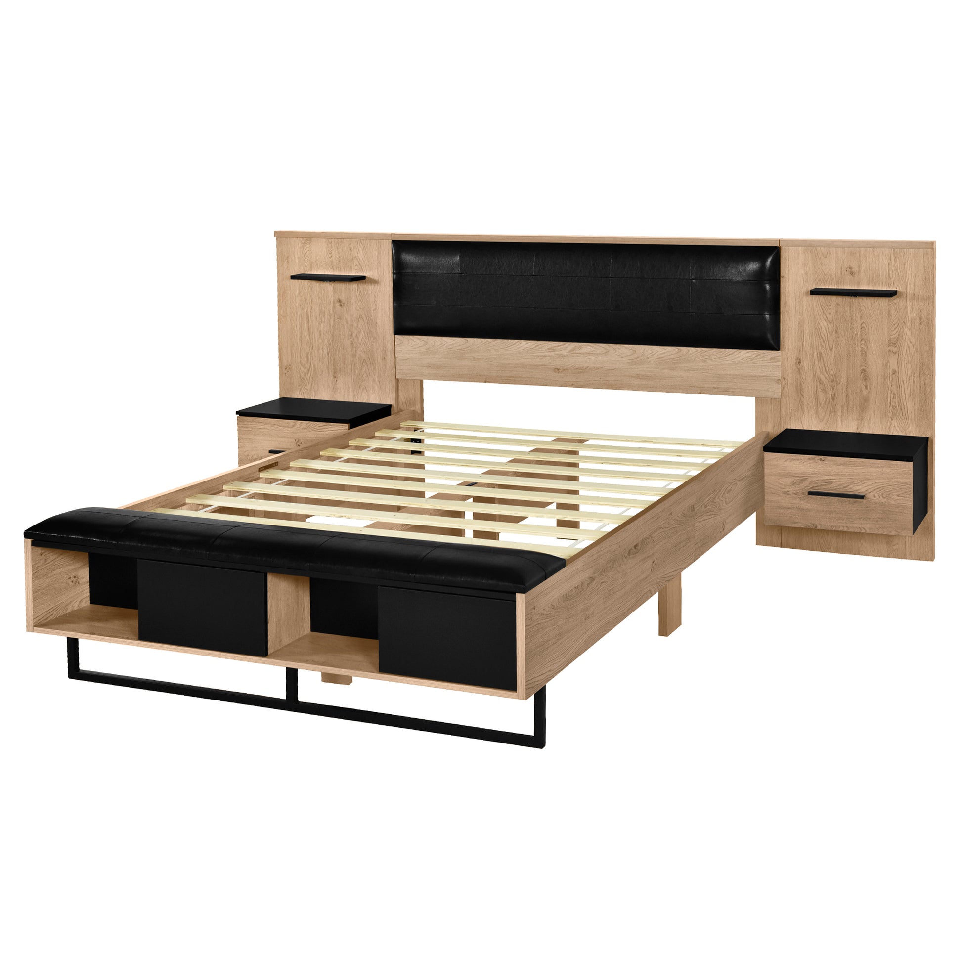 Queen Size Wood Platform Bed With Upholstered Headboard, Lights And Storage Nightstand, Bench, Walnut Box Spring Not Required Queen Walnut Wood Bedroom Bed Frame Faux Leather Solid Wood Mdf
