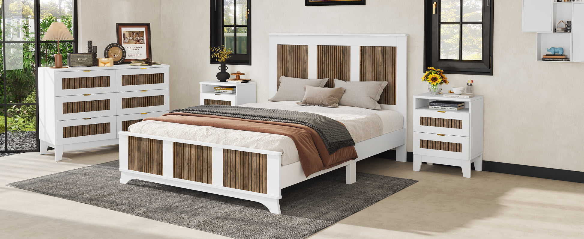 4 Pieces Bedroom Sets, Queen Size Farmhouse Platform Bed With Wooden Strip Decoration, Storage Nightstand And Dresser With Metal Handle, White Queen White 4 Piece Set Particle Board