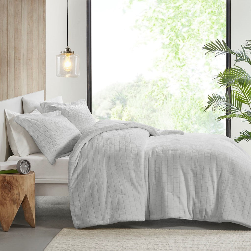 Plush To Sherpa Comforter Set Queen Grey Polyester