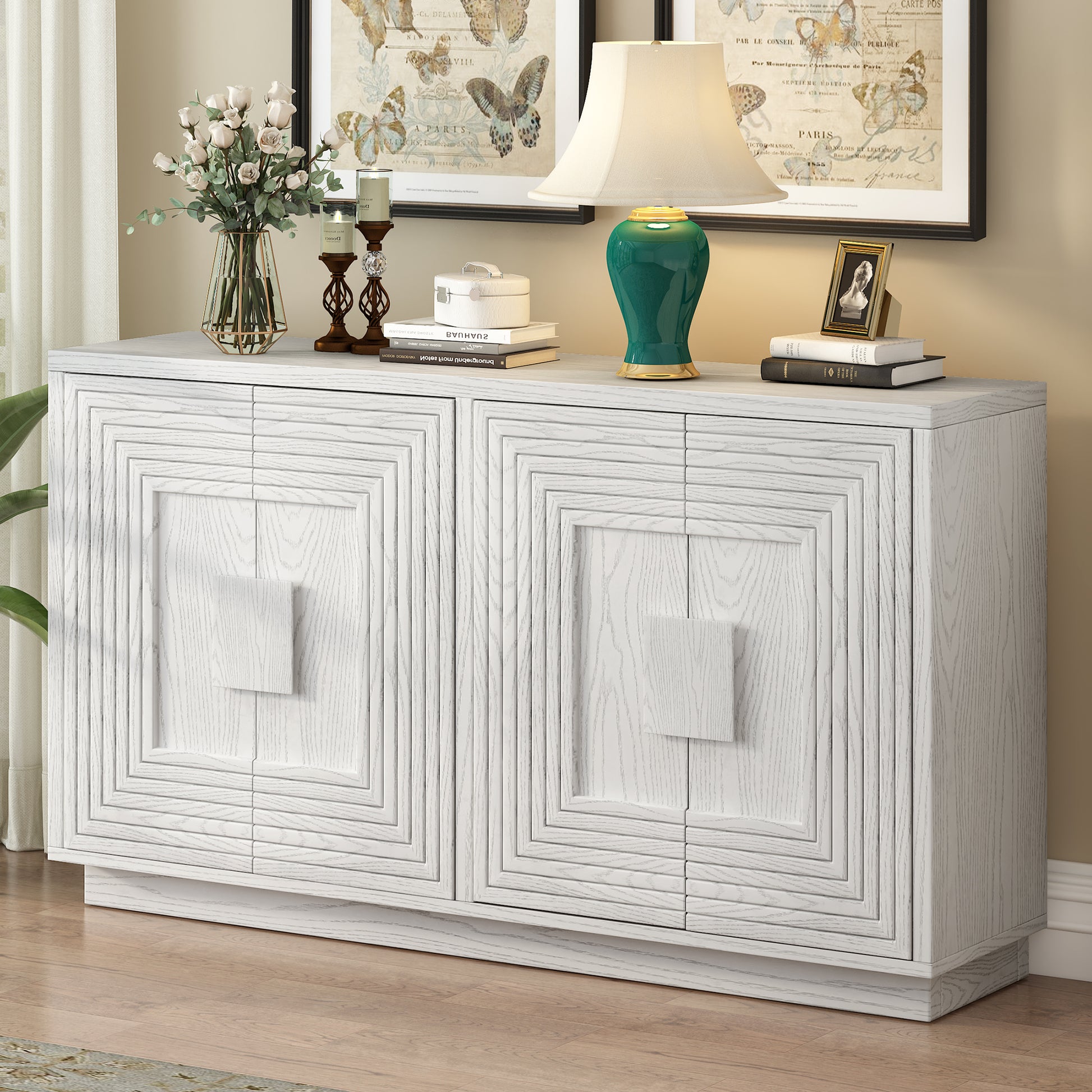 Vintage Distressed 4 Door Sideboard With Adjustable Shelves And Geometric Pattern For Dining Room, Kitchen And Living Room Antique White Antique White Solid Wood Mdf