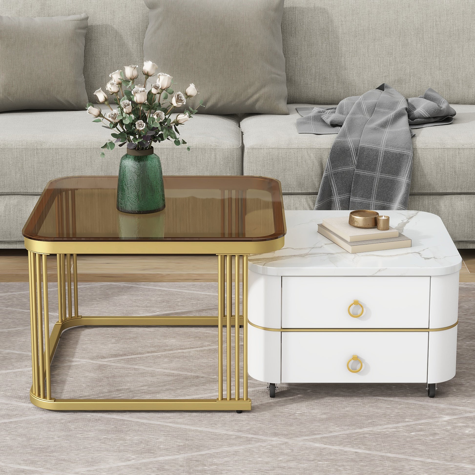 2 In 1 Square Nesting Coffee Table With Wheels & Drawers, Stackable Side Table With High Gloss Marble Grain Top, End Table Set With Brown Tempered Glass For Living Room, White White Gold Primary Living Space Drawers Square Mdf Steel
