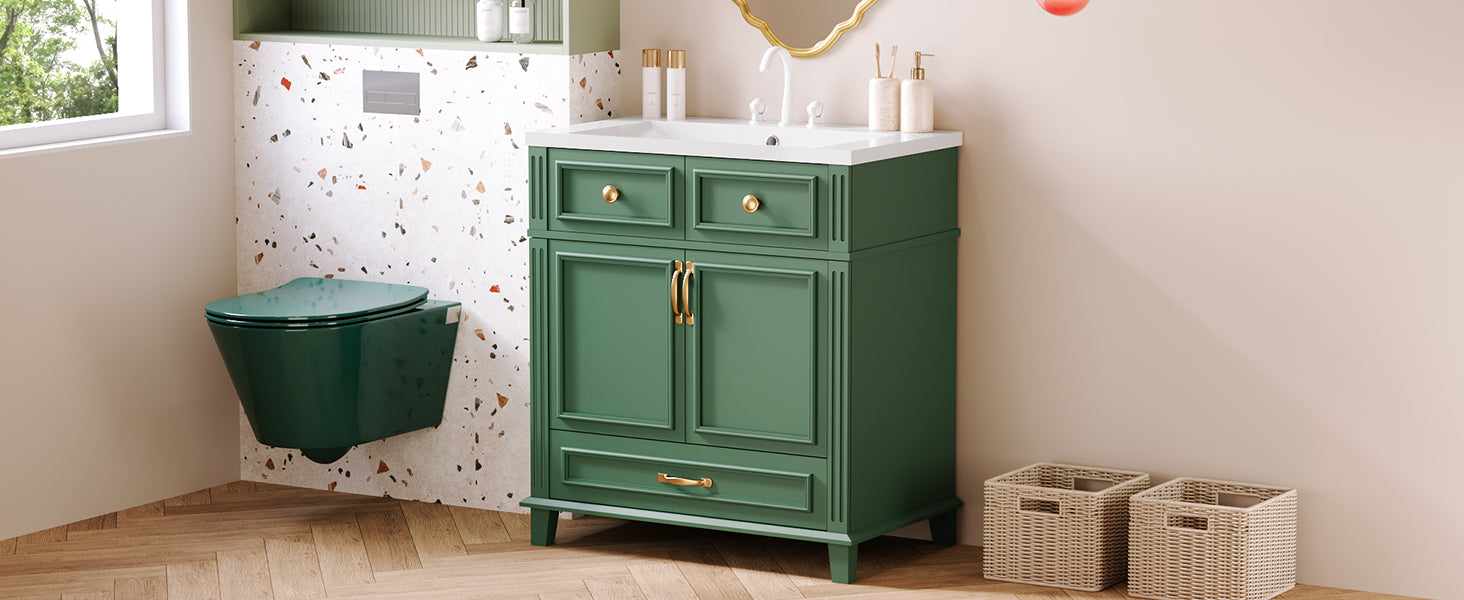 30'' Bathroom Vanity With Resin Sink, Solid Wood Frame Bathroom Storage Cabinet With Soft Closing Doors, Retro Style, Green Same As Sw000118Aaf Green Bathroom Modern Solid Wood Mdf Resin