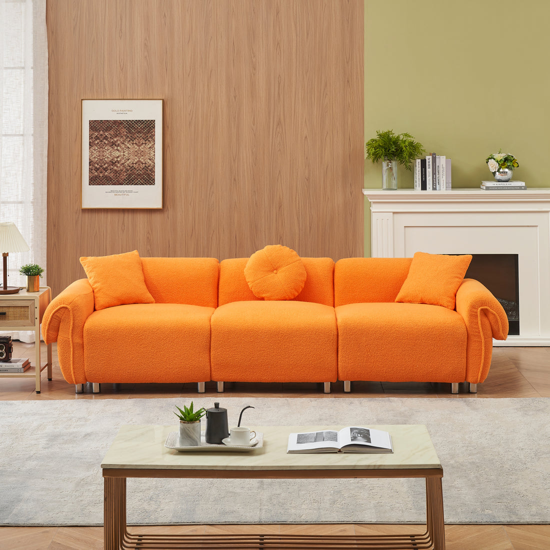 24005 Orange Teddy Velvet Fabric, With 3 Pillows, Three Person Sofa Can Be Placed In The Living Room And Other Scenes Orange Mdf 3 Seat