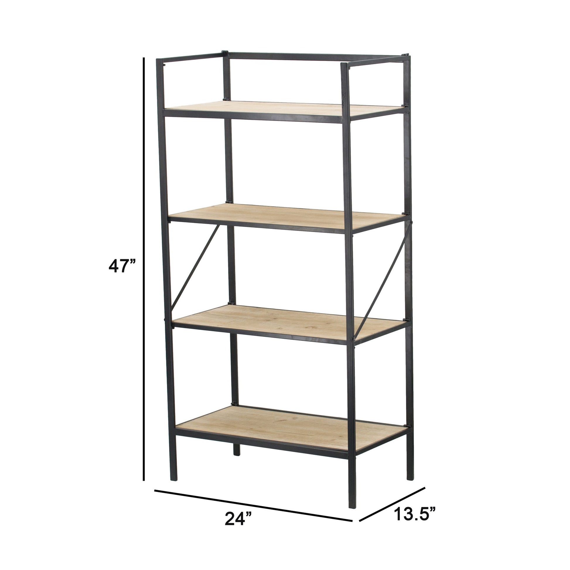 47 Inch Standing Bookshelf, Modern, 4 Tier, Fir Wood, Iron, Black, Brown Black Brown Wood