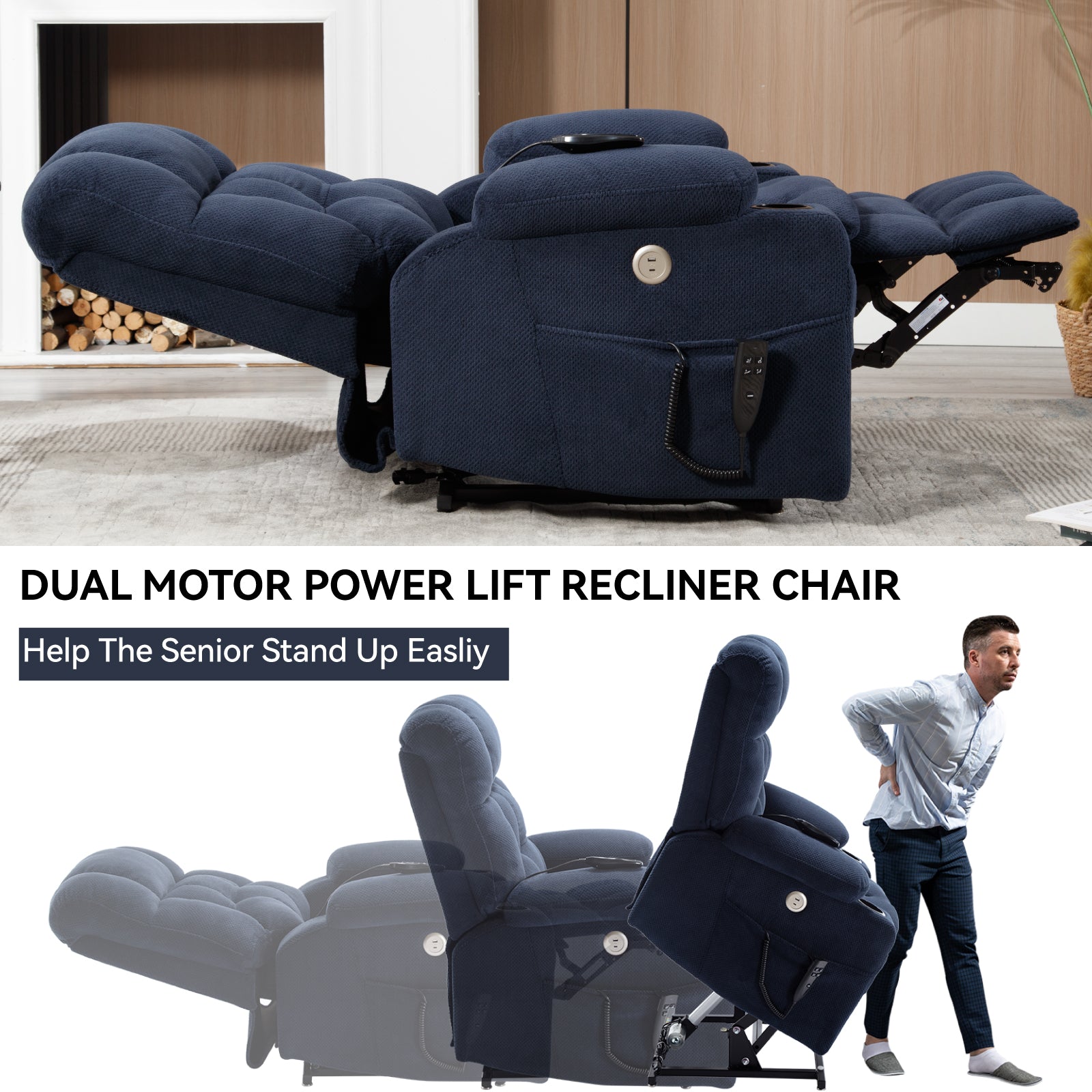 Blue Dual Motor Infinite Position Up To 350 Lbs Chenille Power Lift Recliner Chair, Heavy Duty Motion Mechanism With 8 Point Vibration Massage And Lumbar Heating, Dual Cup Holders White Metal