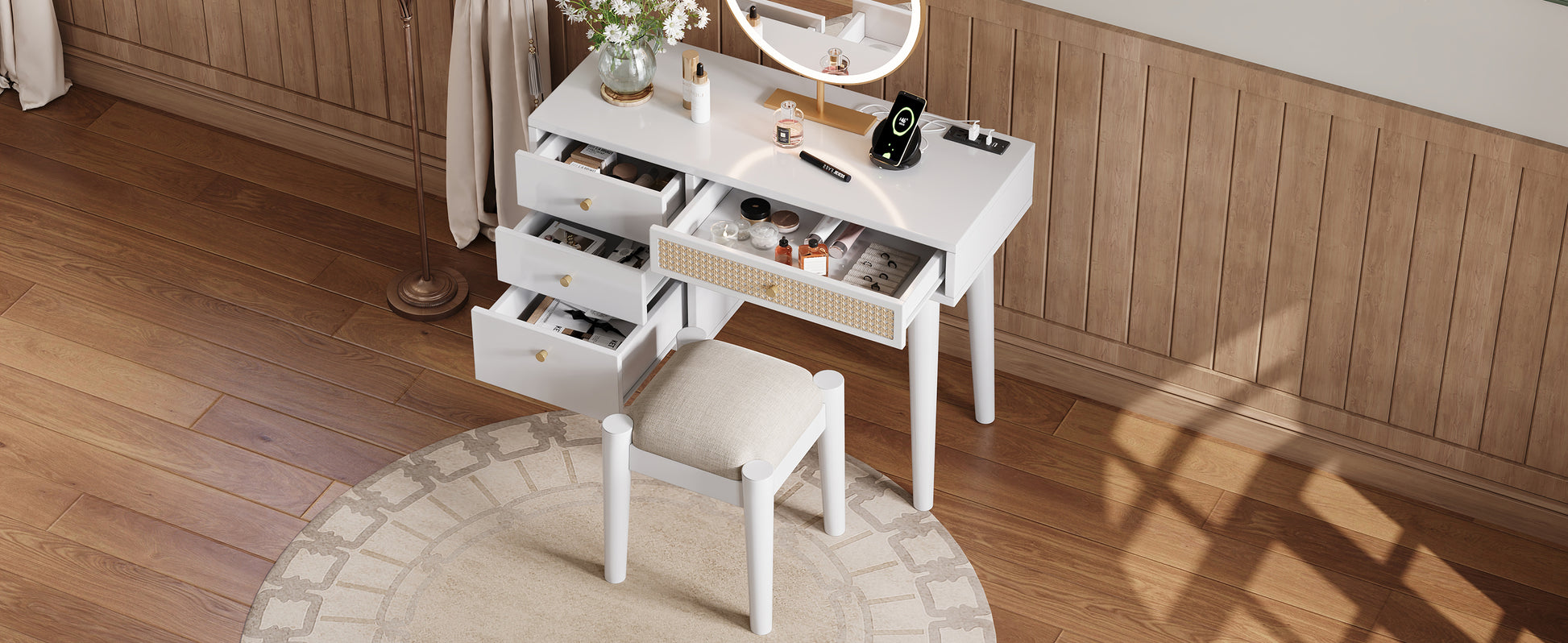 39" Retro Bohemian Style Wooden Makeup Vanity Set With Charging Plug&Usb Port And Stool, Dressing Table With 3 Storage Drawers And 1 Rectangular Rattan Drawer, White White 4 Drawers Wood