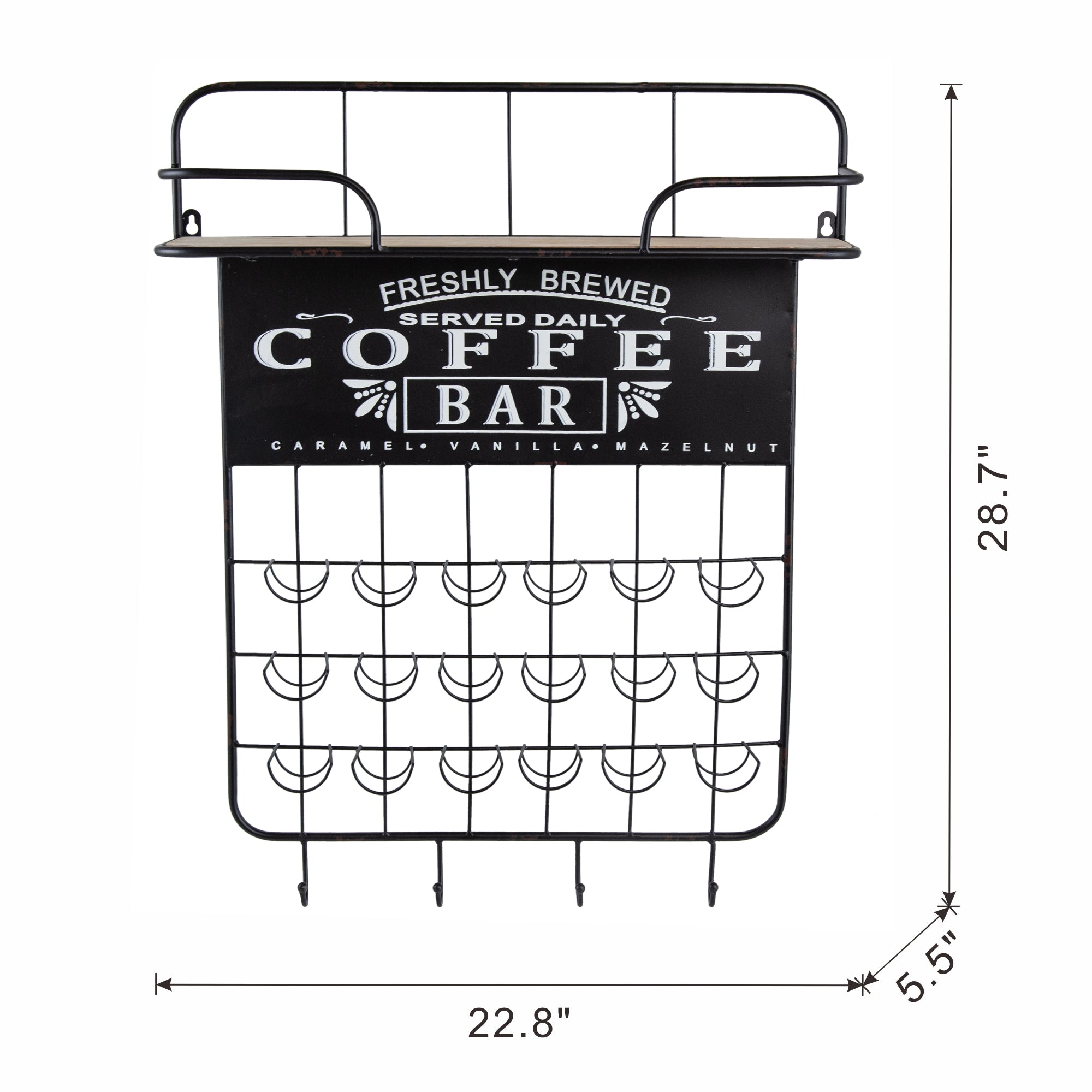 22.8X5.5X28.7" Black Floating Coffee Bar Shelf With Coffee Pod Holder, Hooks And Storage Shelf Black Iron