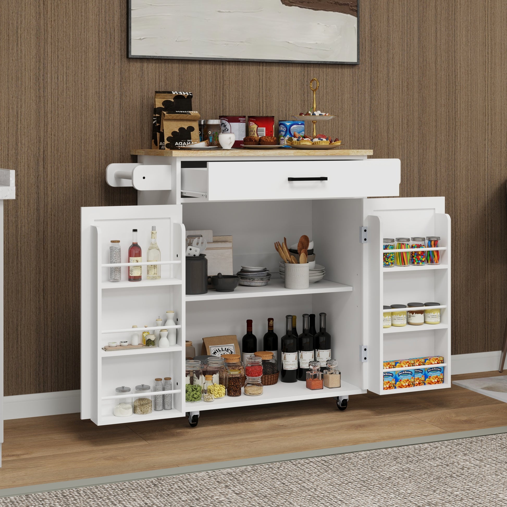 Kitchen Island Rolling Trolley Cart With 1 Drawer & 2 Doors With Storage Racks & Adjustable Shelves & Towel Rack & Seasoning Rack Rubber Wood Table Top White White Solid Wood Mdf