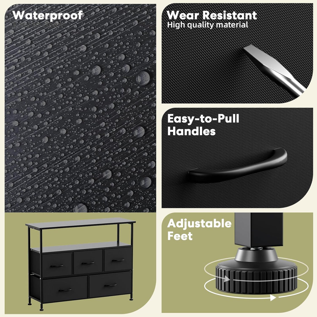 Tv Stand Dresser For Bedroom Entertainment Center With 5 Fabric Drawers, Storage Organizers Units For Living Room, Media Console Table With Open Shelf Up For 45" Tv, Black, Wood Top Black 39 Inches