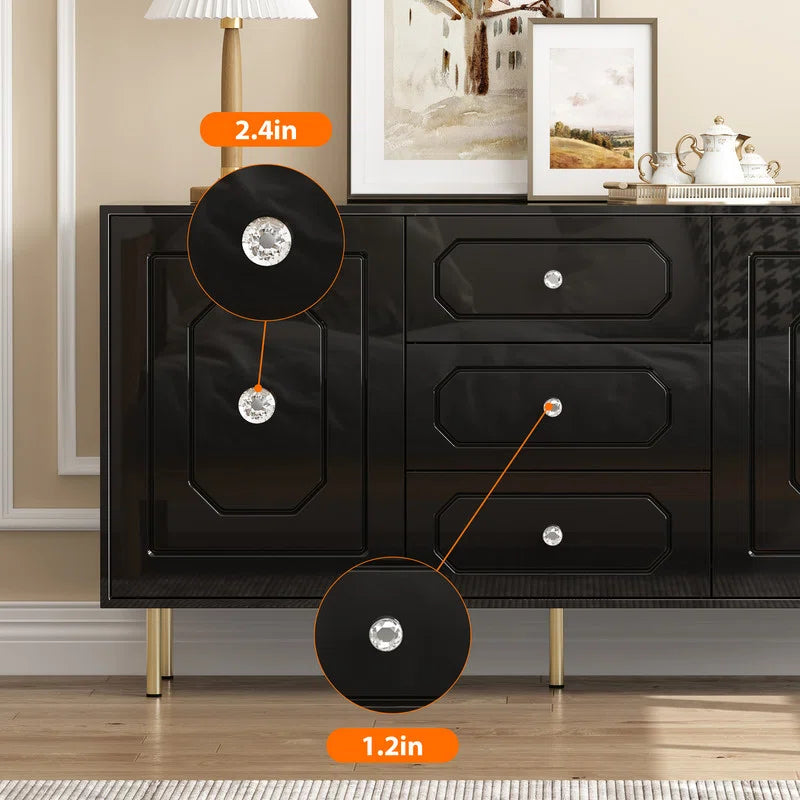 59" 2 Door 3 Drawers Wood Black High Gloss Finish Sideboard Black Dining Room Minimalist,Modern Soft Close Doors Mdf