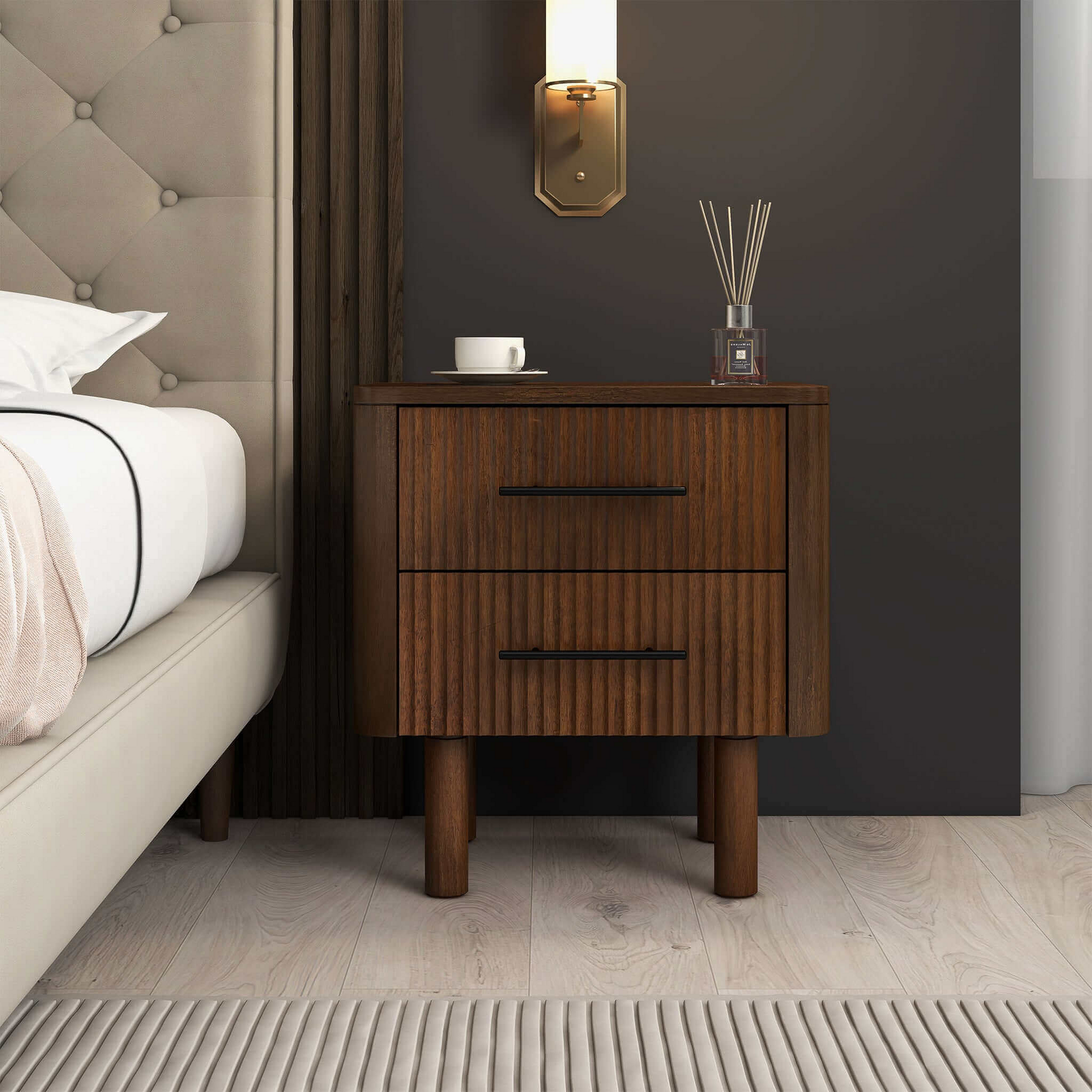 Logan Mid Century Modern Walnut Nightstand Bed Side Tables With 2 Drawers Brown,Wood Brown 2 Drawers Bedroom With Legs Mid Century Modern Solid Wood Walnut Finish Solid Wood