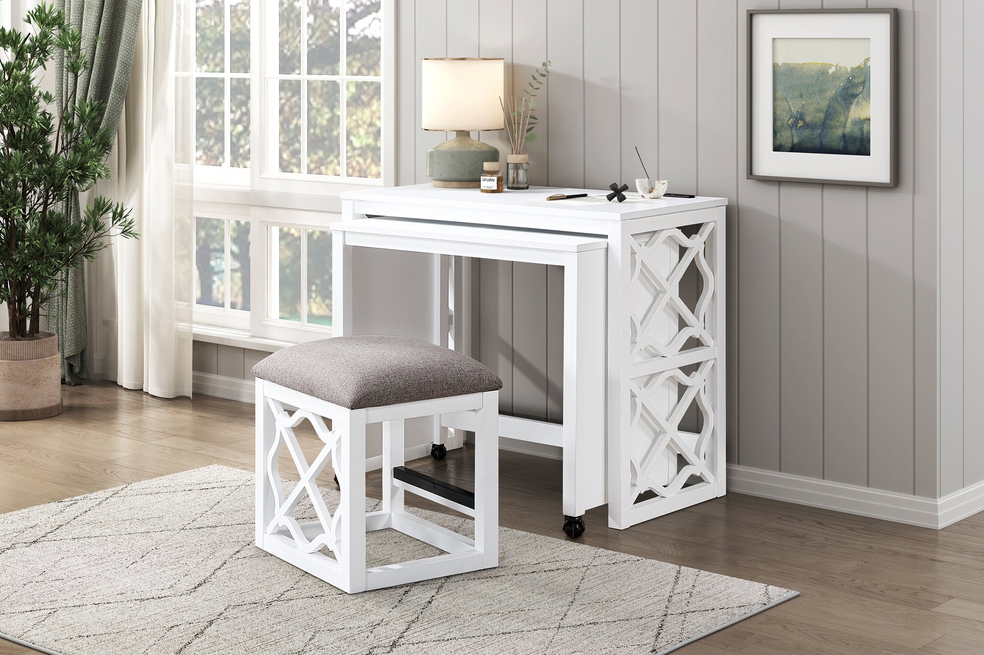 Desks And Stool Set 3Pc White Finish Rolling Desk With Casters, 2 Charging Ports Home Office Furniture White Computer Desk Primary Living Space Contemporary Desk Rectangular Wood